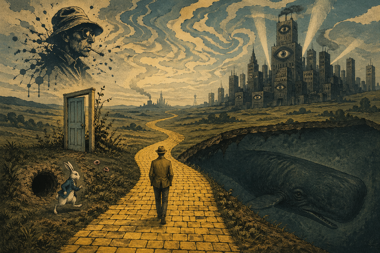 Surrealistisk retroillustrasjon med gul mursteinsvei, hvit kanin, overvåkende by og hval inspirert av klassisk litteratur