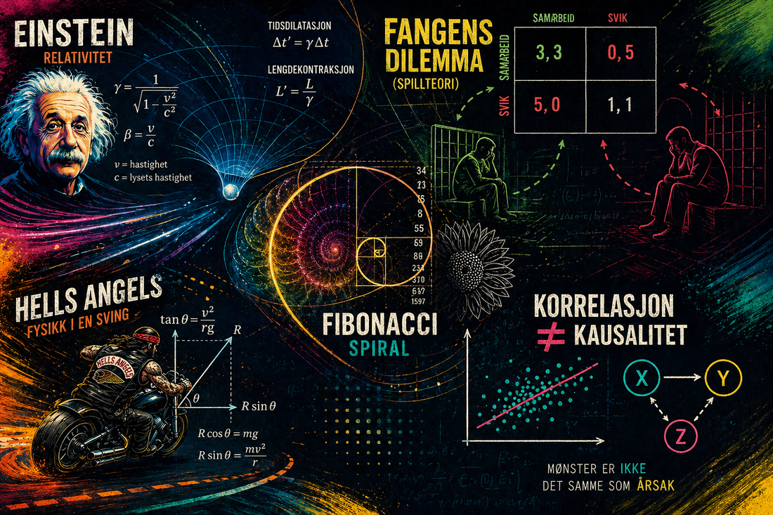 Abstrakt retroillustrasjon av matematikk med geometriske linjer, spiralformer og mønstre som symboliserer struktur og sammenhenger