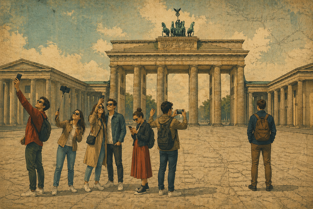 Retroillustrasjon av Brandenburger Tor med folk som tar selfies, og én person som ser mot monumentet.