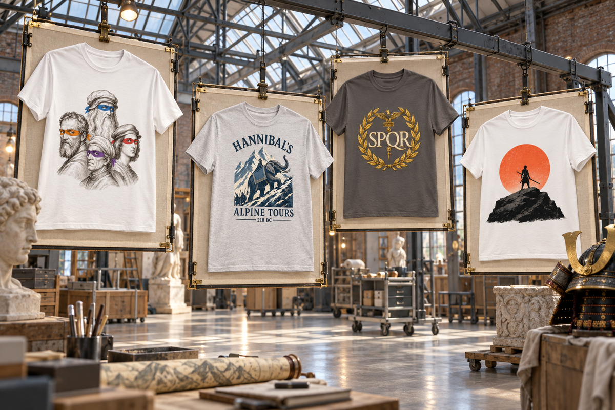 Historiske t-skjorter om Romerriket, renessansen og samuraiene
