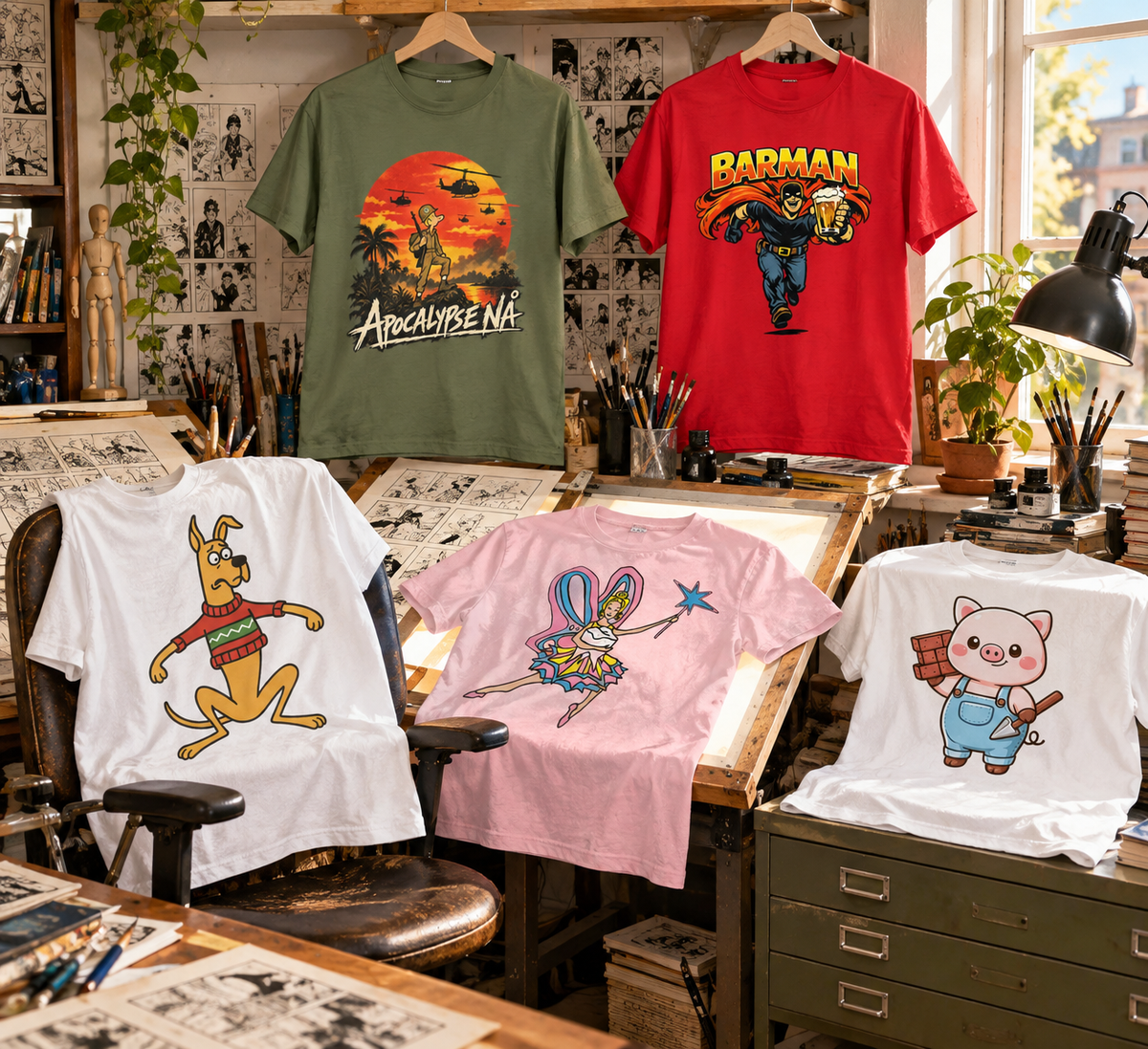 Tegneserie t-skjorter med Stomperud, superhelter og cartoonfigurer