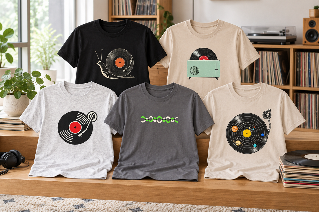 Vinyl og platespillere på t-skjorter