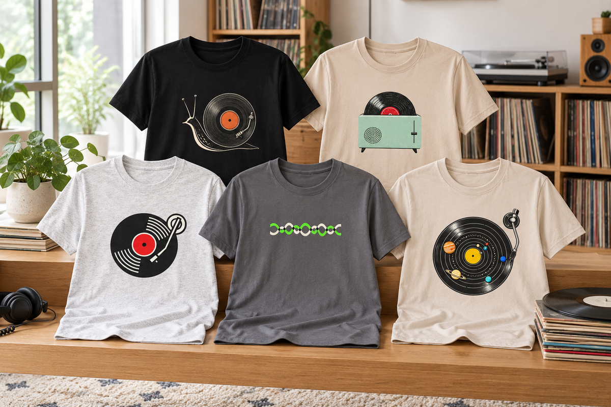 Vinyl og platespillere på t-skjorter
