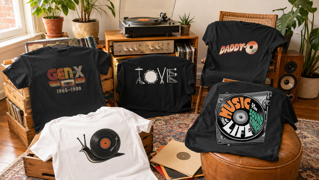 Retro musikk og vinyl på t-skjorter