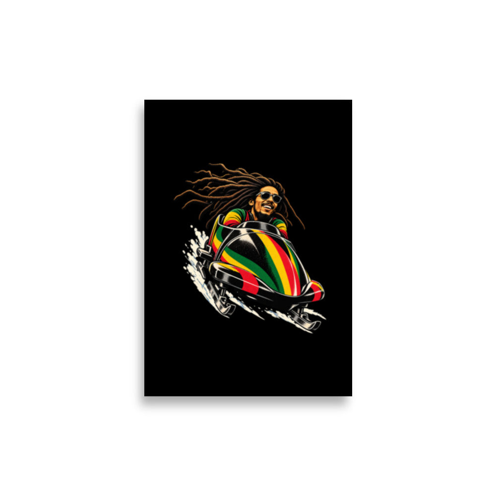 Humoristisk plakat med Bob Marley i en bob med jamaicanske farger, inspirert av reggae, bobkjøring og ordspillet «Bob kjører bob».