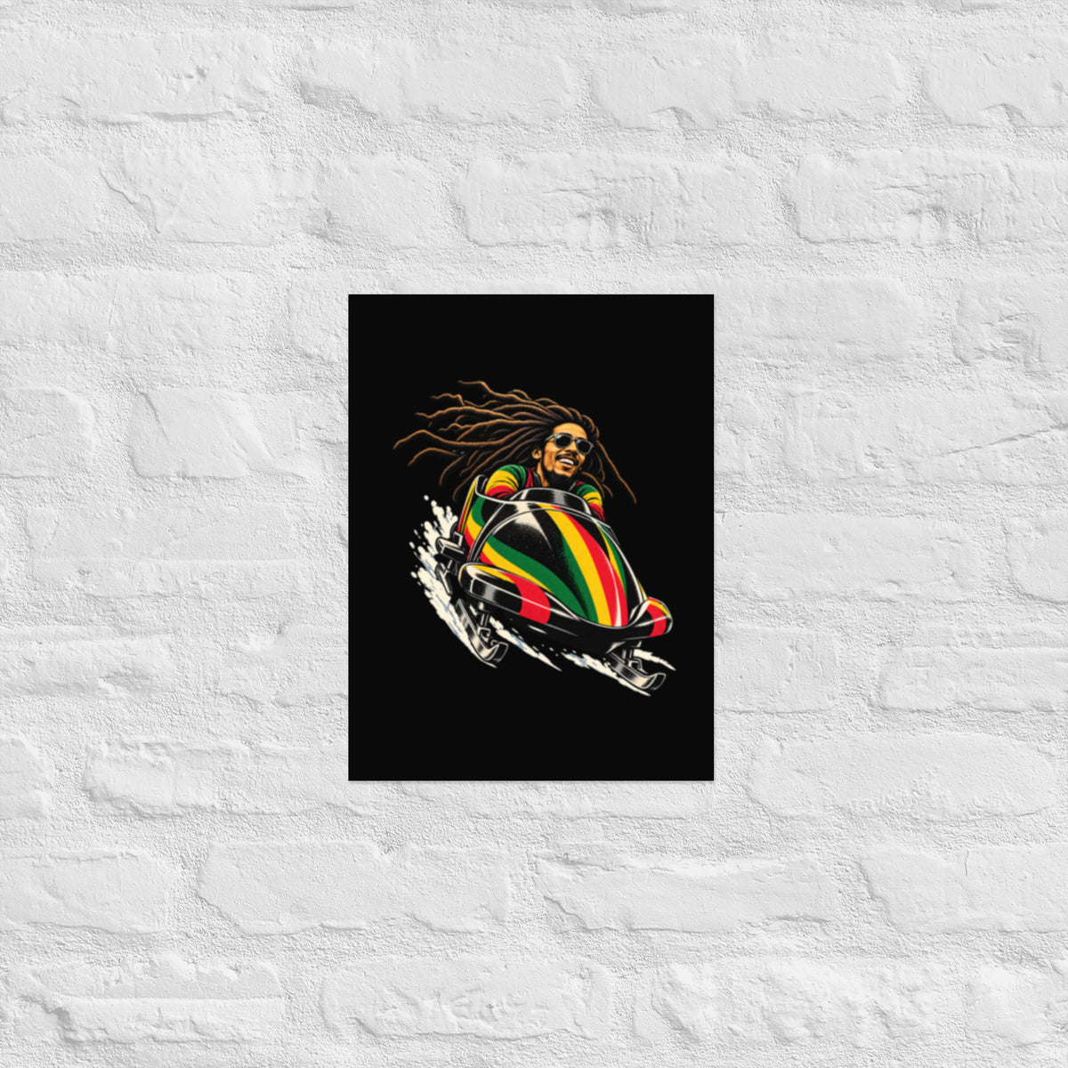 Humoristisk plakat med Bob  i en bob med jamaicanske farger, inspirert av reggae, bobkjøring og ordspillet «Bob kjører bob».