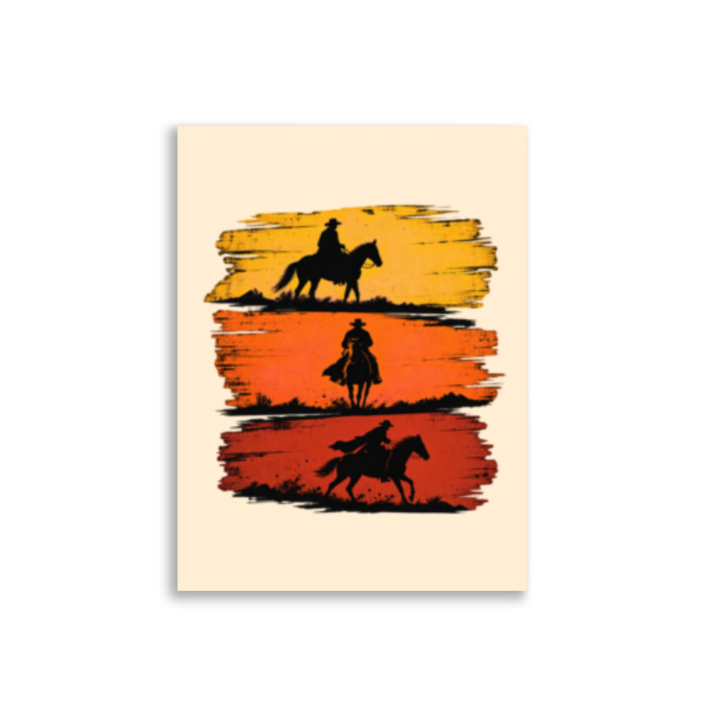 Westernplakat med tre silhuetter av cowboyer til hest, fordelt på tre horisontale scener inspirert av det ville vesten og klassiske westernfilmer.