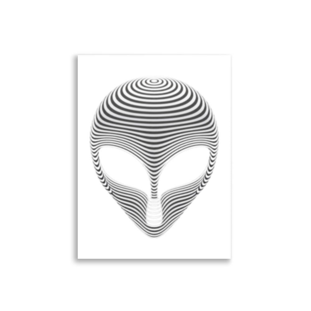 Plakat med stilisert romvesenansikt bygget opp av bølgende svarte og hvite linjer i et symmetrisk, geometrisk mønster.