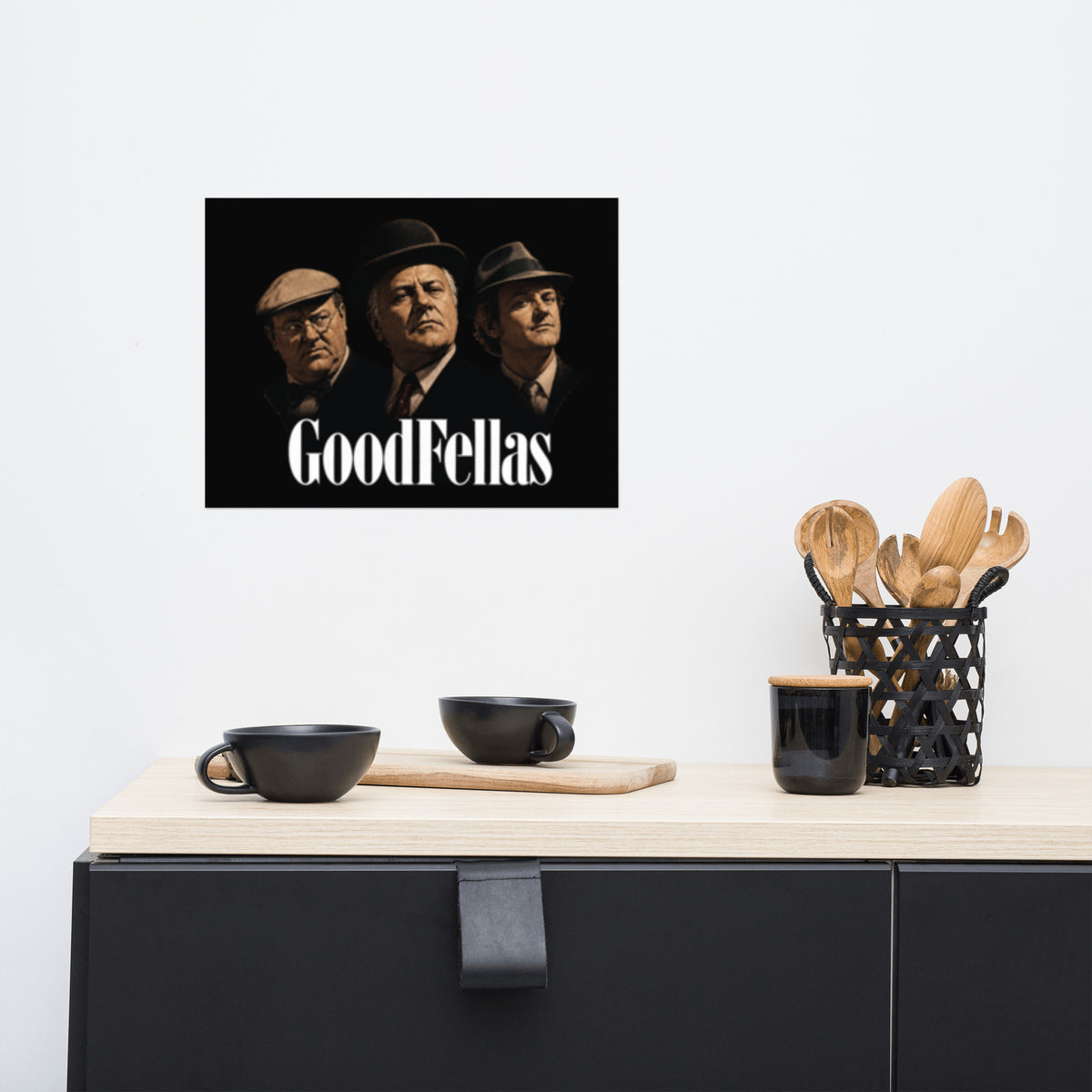 Humoristisk plakat med Olsenbanden fremstilt i en mørk filmplakatstil inspirert av Goodfellas.