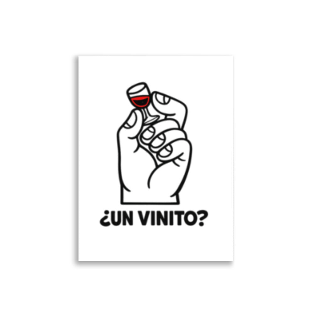 Minimalistisk vinplakat med en tegnet hånd som holder et lite glass rødvin og den spanske teksten «¿Un Vinito?».