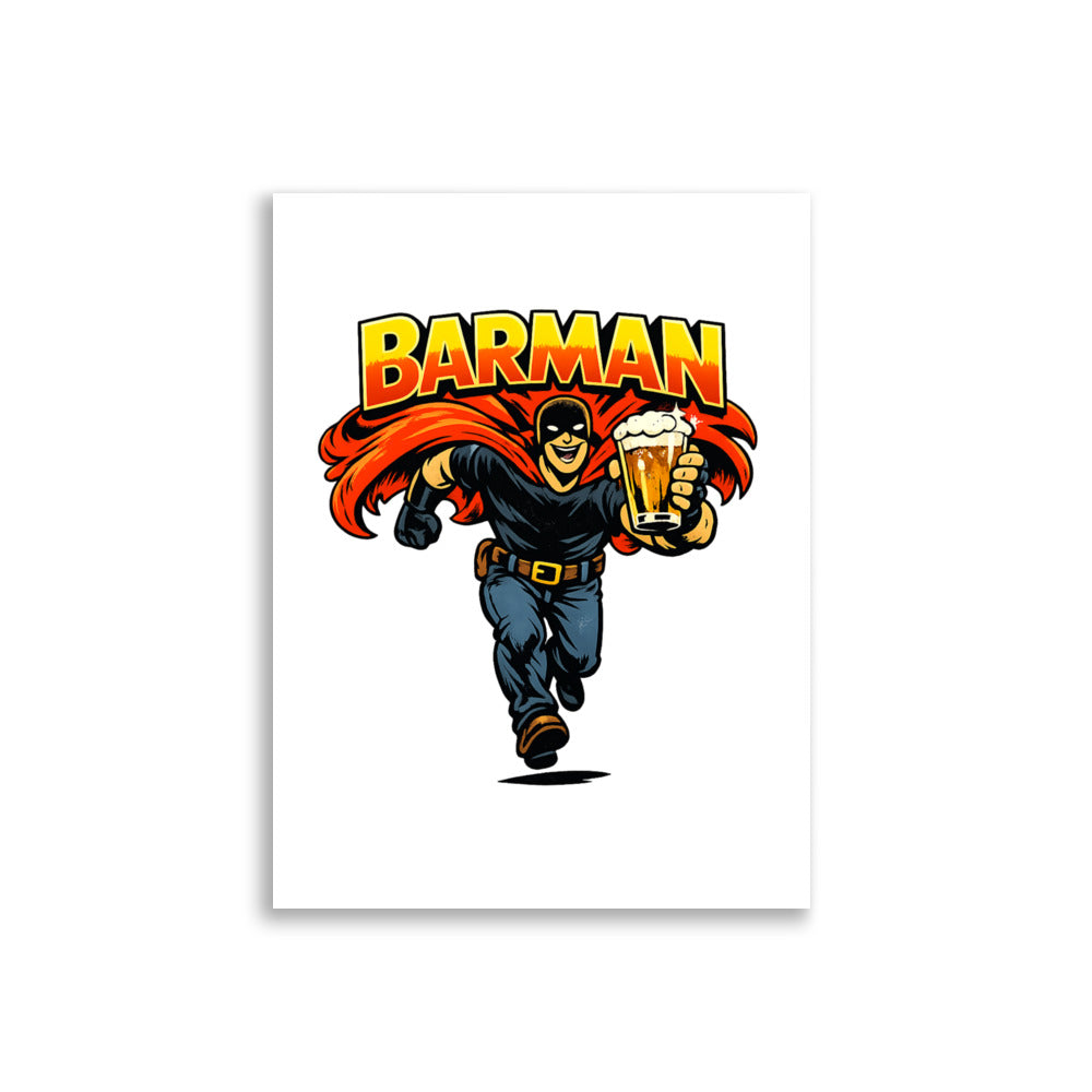 Humoristisk plakat med teksten Barman og en maskert superhelt i kappe som løper fremover med et stort glass skummende øl i hånden.