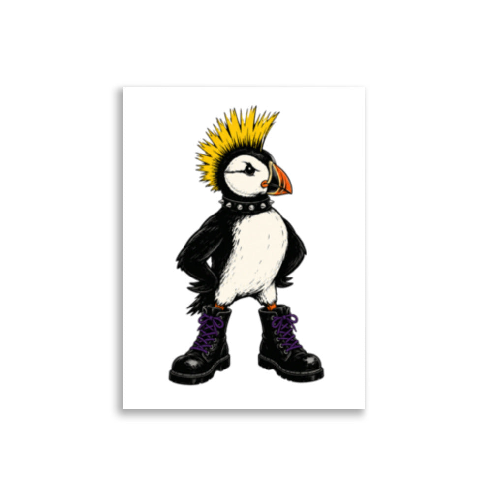 Humoristisk illustrasjon av en lundefugl med gul punkhanekam, naglehalsbånd og svarte boots med lilla lisser.