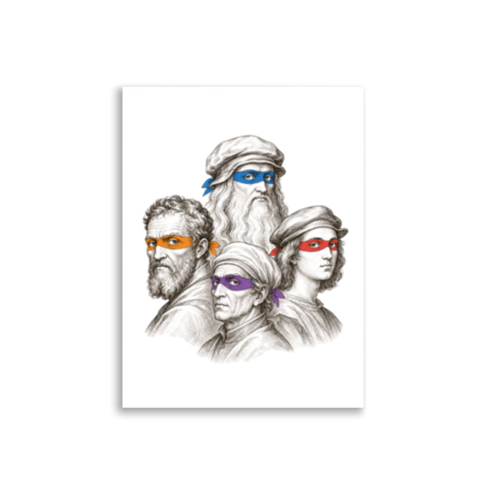 Illustrasjon av Leonardo, Michelangelo, Donatello og Raphael med fargede masker, som en humoristisk referanse til navnene bak Teenage Mutant Ninja Turtles.