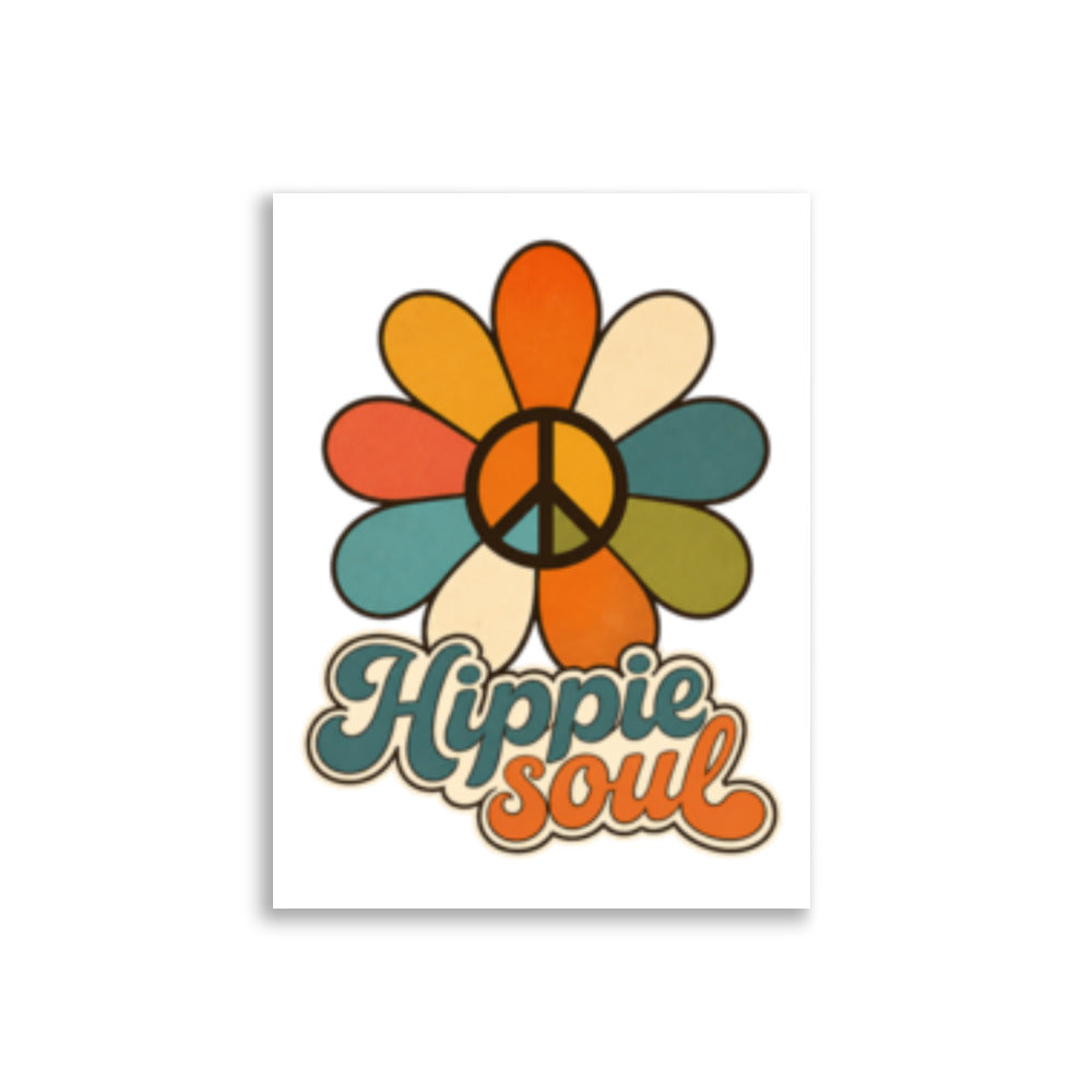 Retroinspirert plakat med en flerfarget blomst, fredssymbol i midten og teksten Hippie Soul i typografi inspirert av 1970-tallet.