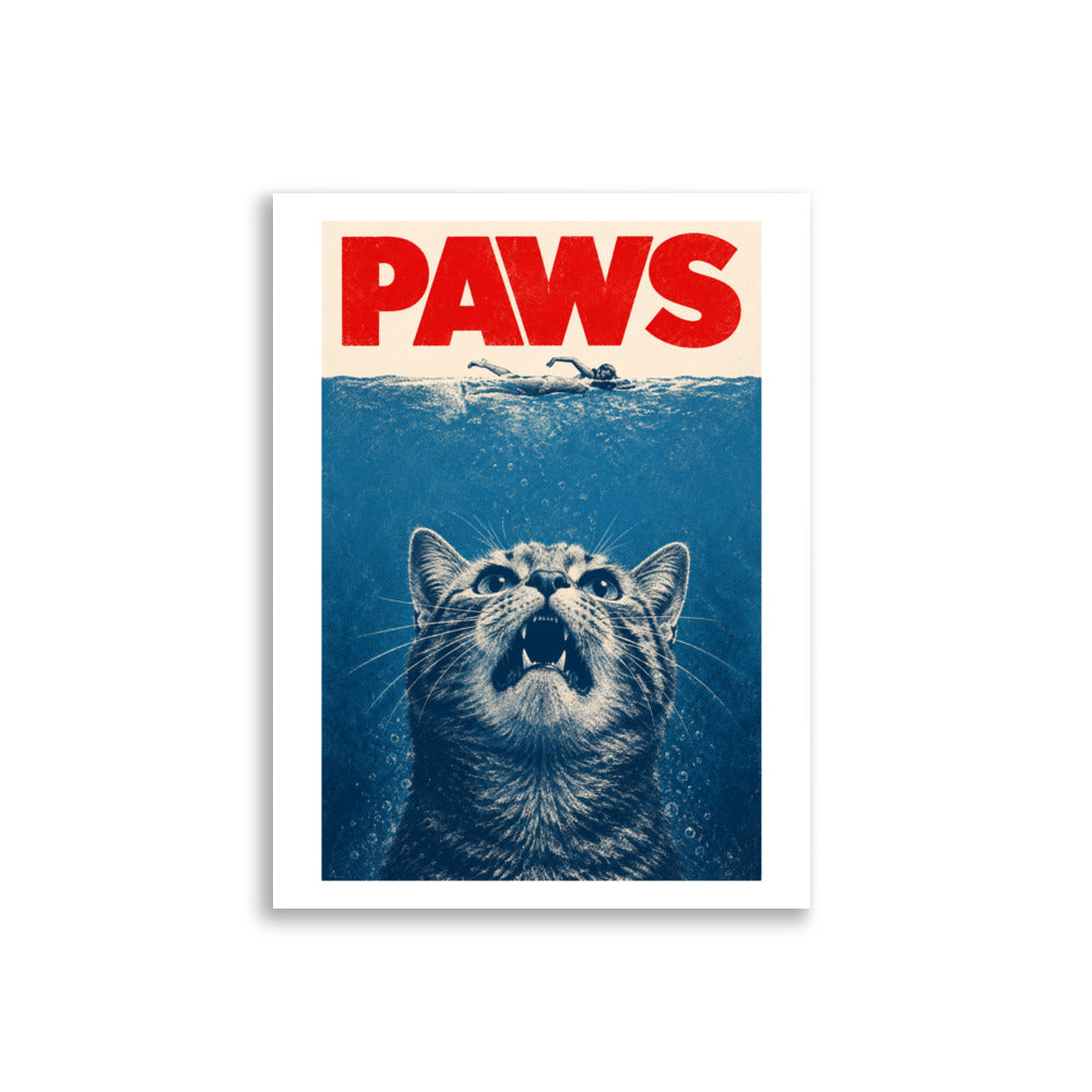 Humoristisk filmparodiplakat med teksten Paws, en stor katt under vann og en svømmer på overflaten, inspirert av den klassiske Jaws-plakaten.