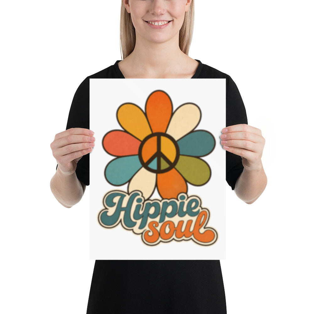 Retroinspirert plakat med en flerfarget blomst, fredssymbol i midten og teksten Hippie Soul i typografi inspirert av 1970-tallet.
