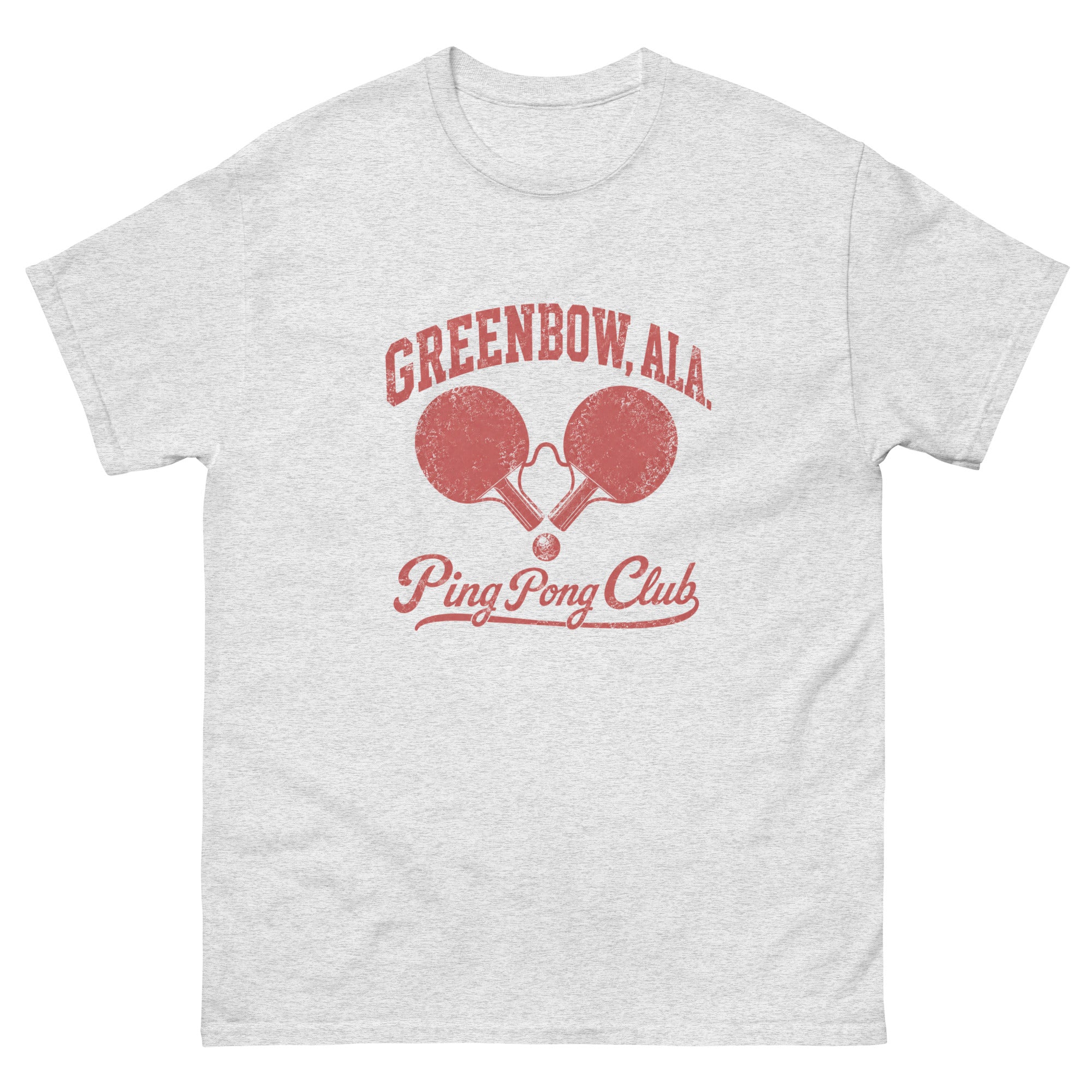 Vintage Greenbow, ALA. Ping Pong Club-motiv i dempet rød trykkstil, med buet collegetekst, to pingpongracketer formet som briller, liten pingpongball og slitt retro klubbtrøye-preg på transparent bakgrunn.