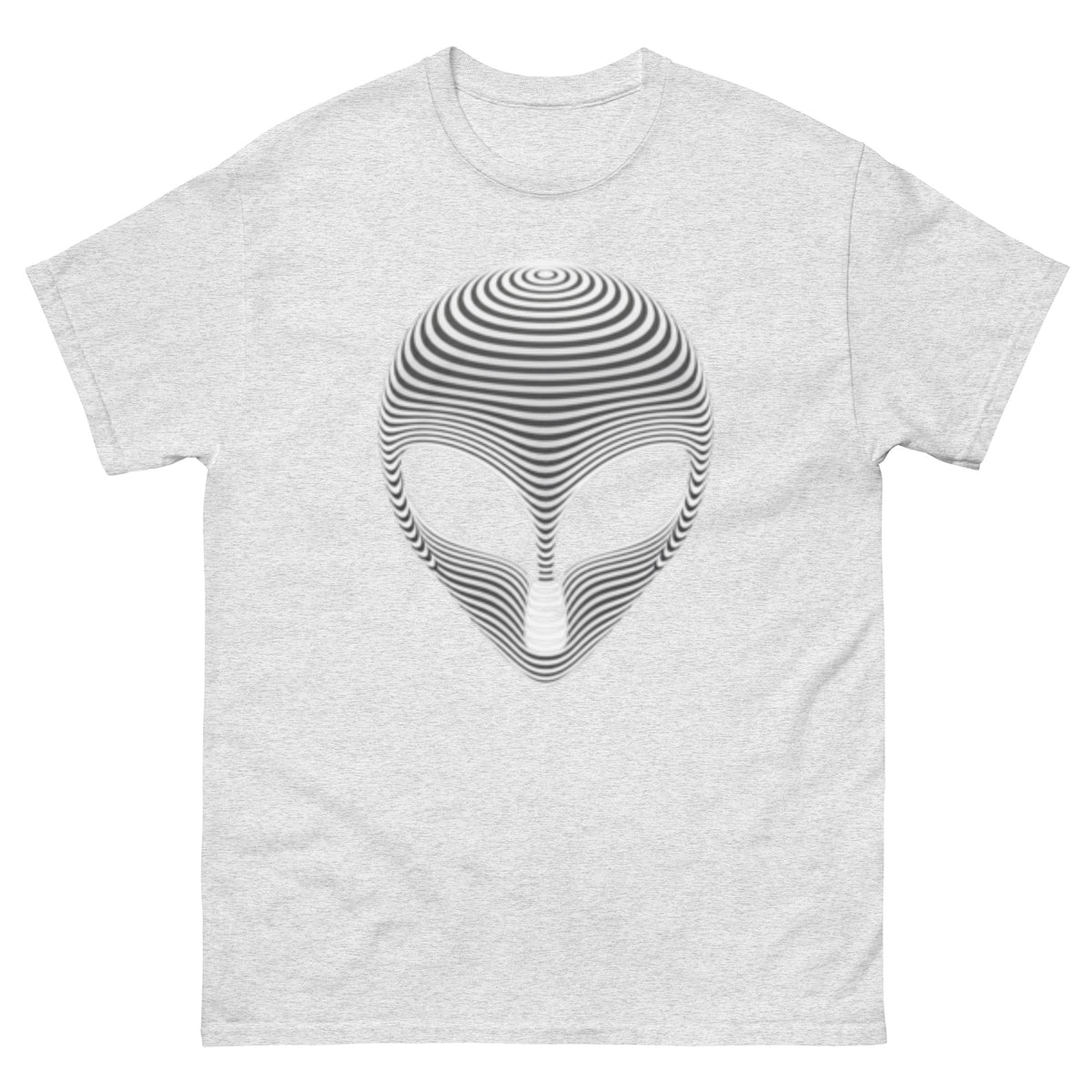 T-skjorte med Grey Alien-hode bygget av tette hvite og grå konsentriske linjer, med store svarte mandelformede øyne som negativrom.
