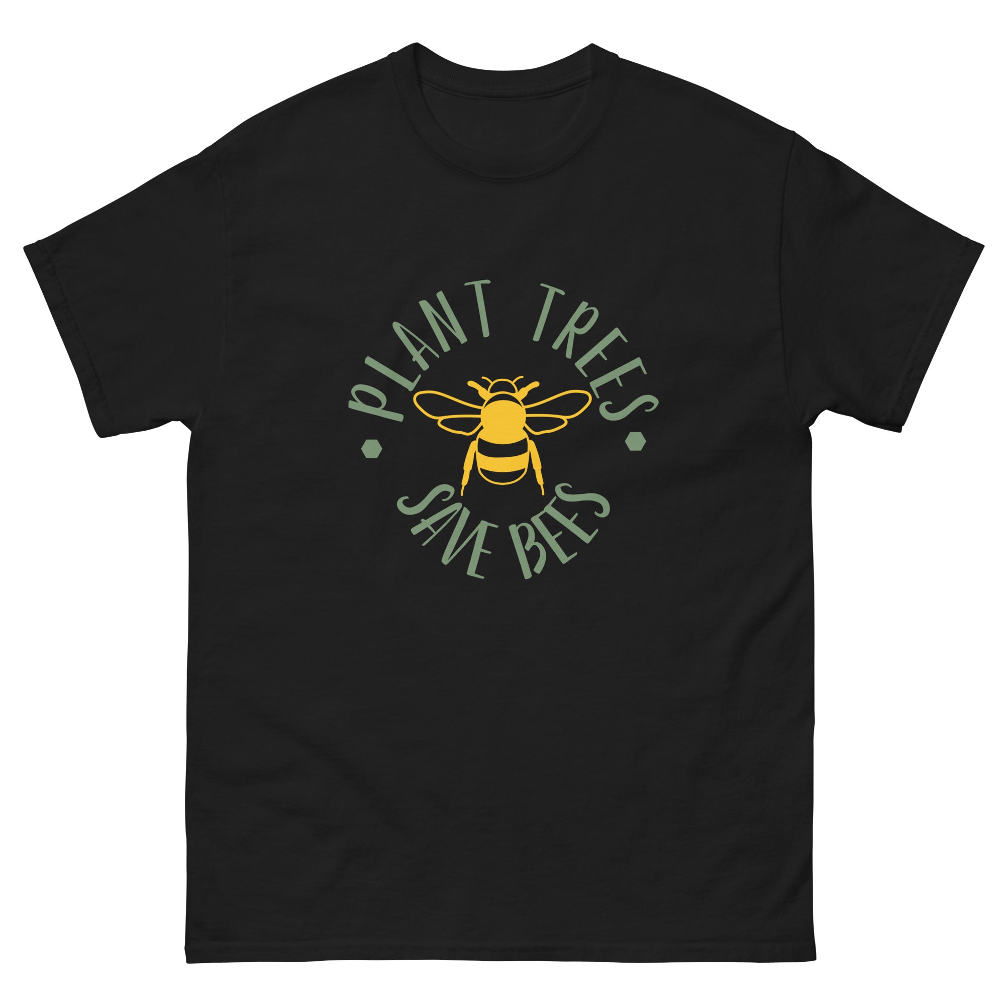T-skjorte med teksten Plant Trees Save Bees i enkel typografi