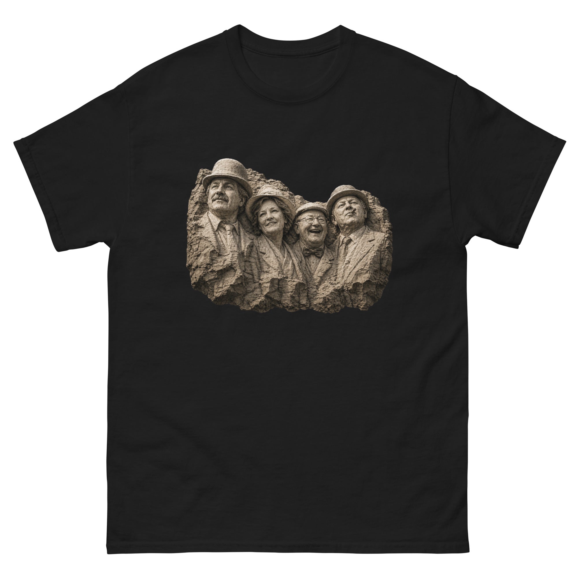 Olsenbanden som Mount Rushmore steinskulptur – norsk filmreferanse med Egon, Benny, Kjell og Valborg hugget i fjell