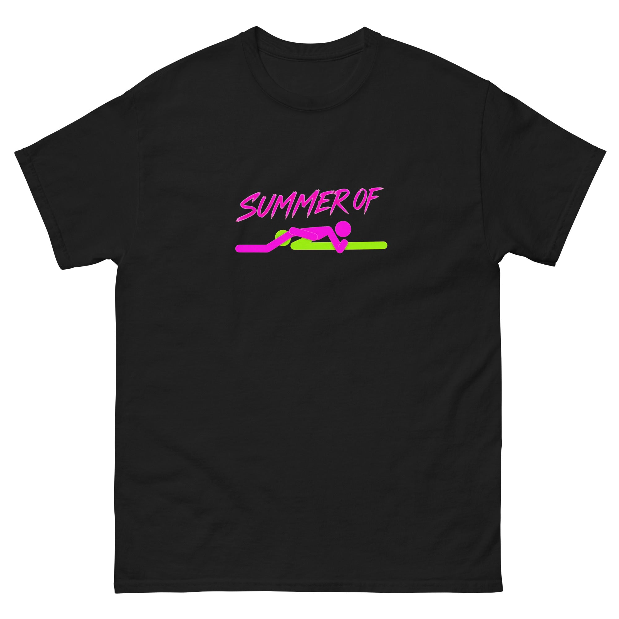 neon stick figure illustrasjon med to figurer i kontrastfarger og teksten Summer of 69 over motivet