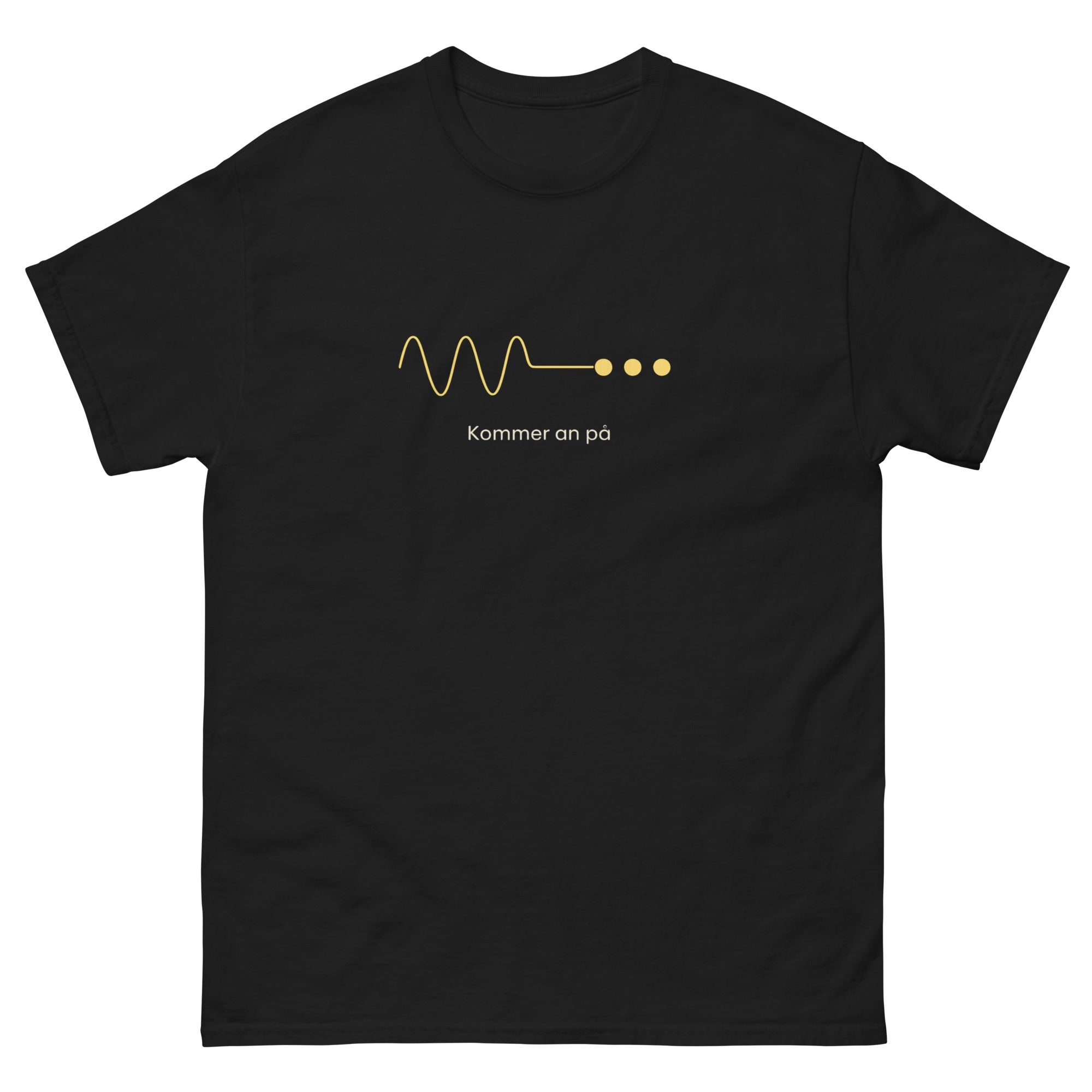 Minimalistisk design med gyllen bølge som går over til tre punkter, med teksten Kommer an på under, på svart bakgrunn