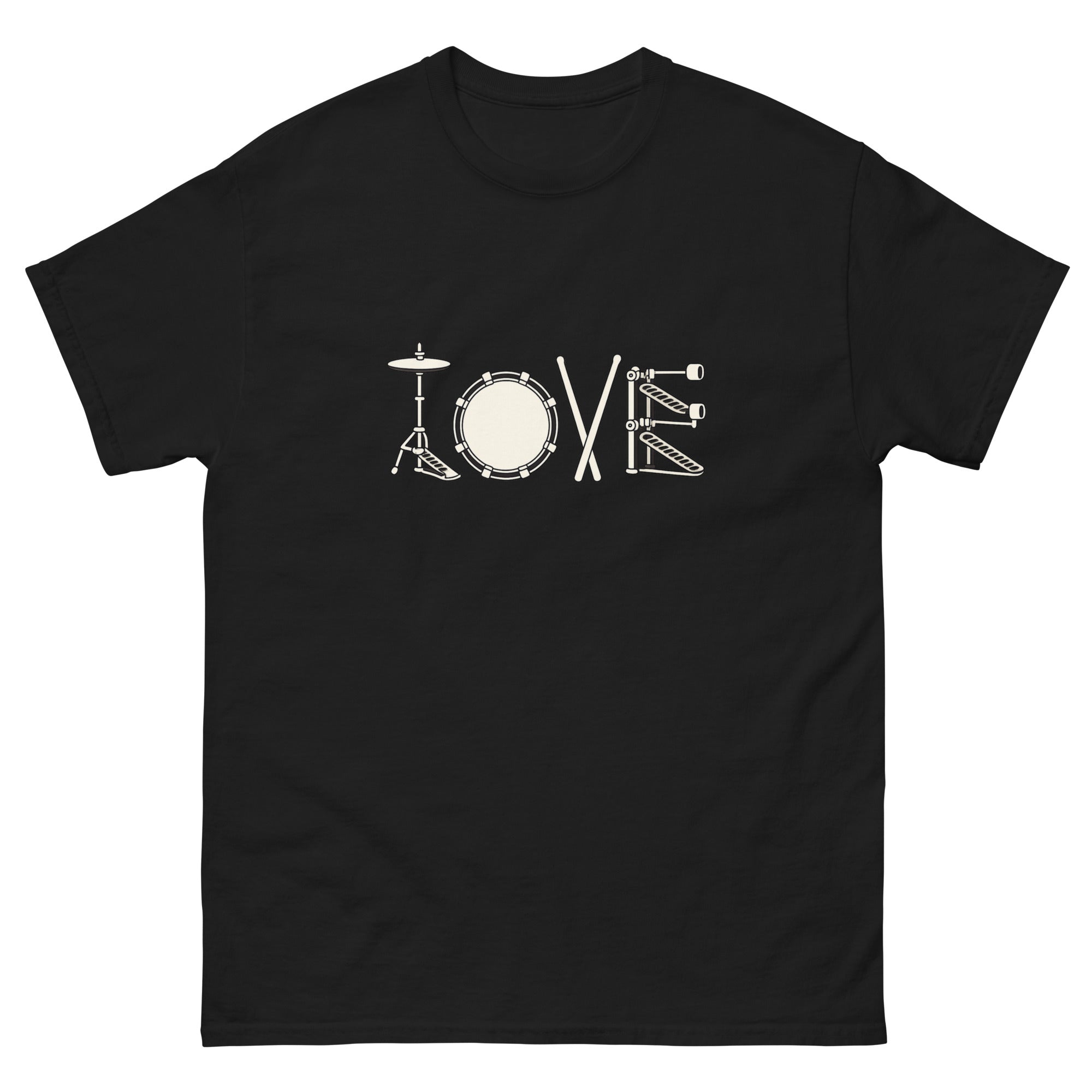 T-skjorte med retro illustrasjon av ordet LOVE formet med trommedeler som basstromme, trommestikker, cymbalstativ og pedal.