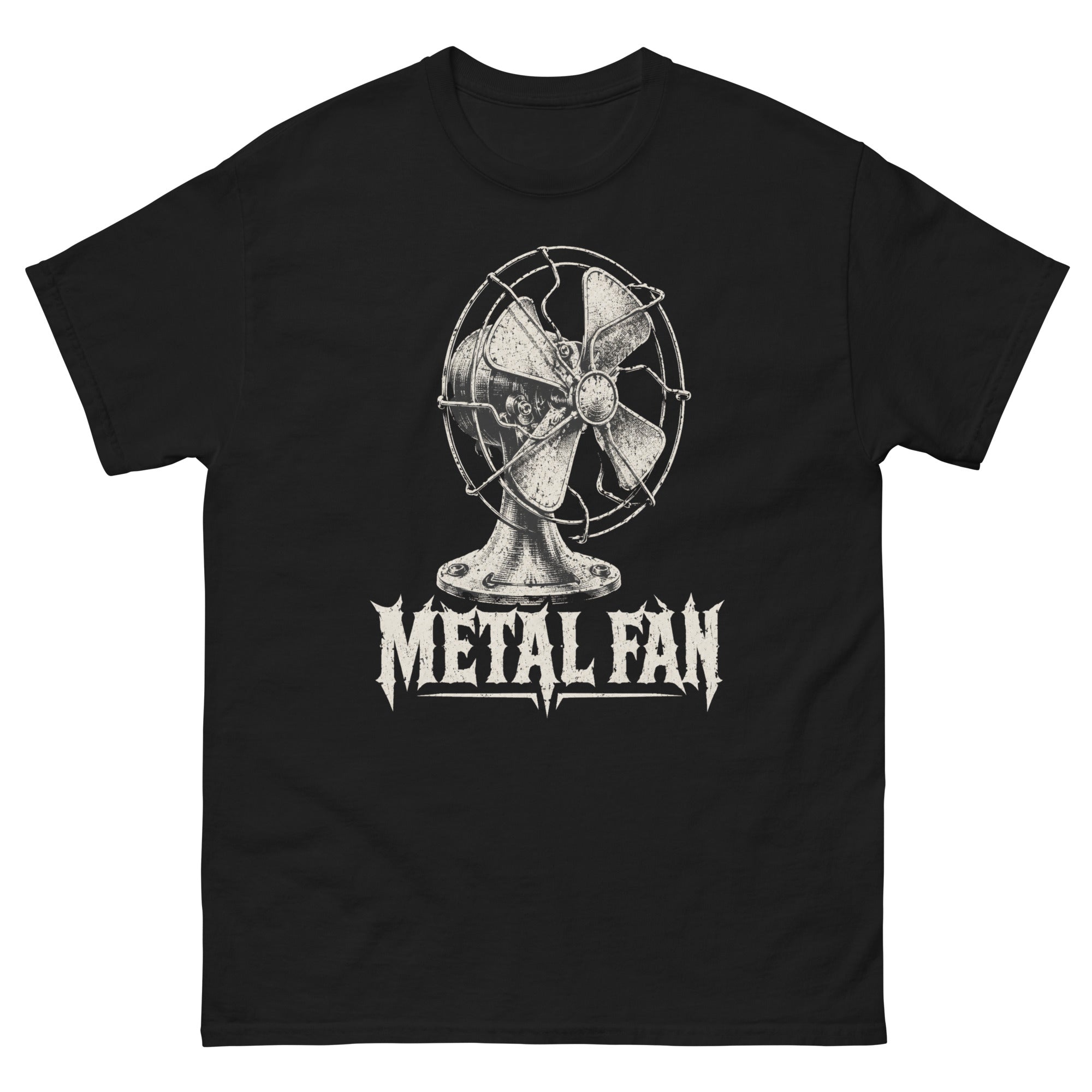 Metal Fan-motiv med en slitt industriell bordvifte over tung metal-inspirert tekst, i lys trykkfarge på transparent bakgrunn.