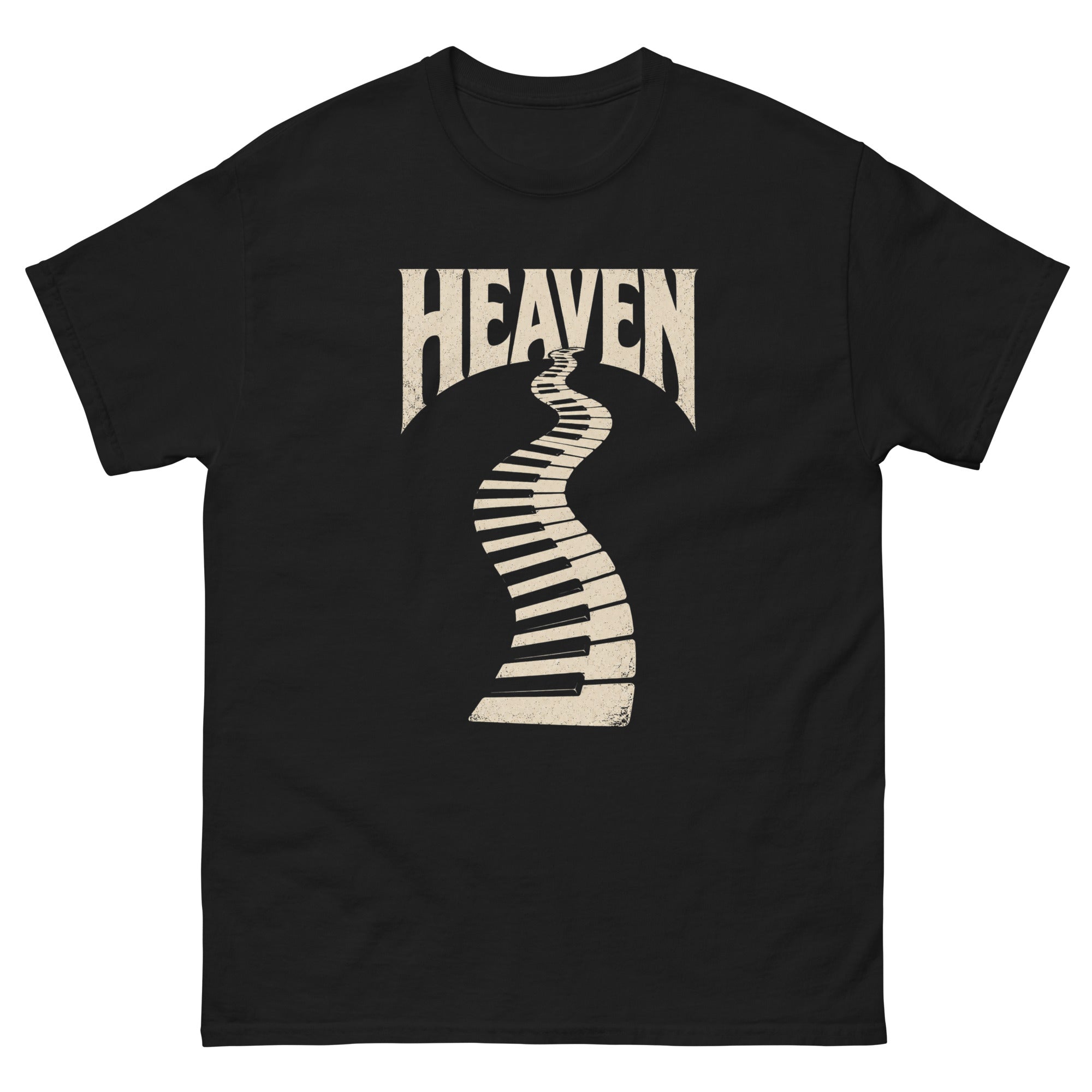 T-skjortedesign med ordet HEAVEN i stor rocktypografi og en stigende vei laget av pianotangenter i lys vintagefarge.