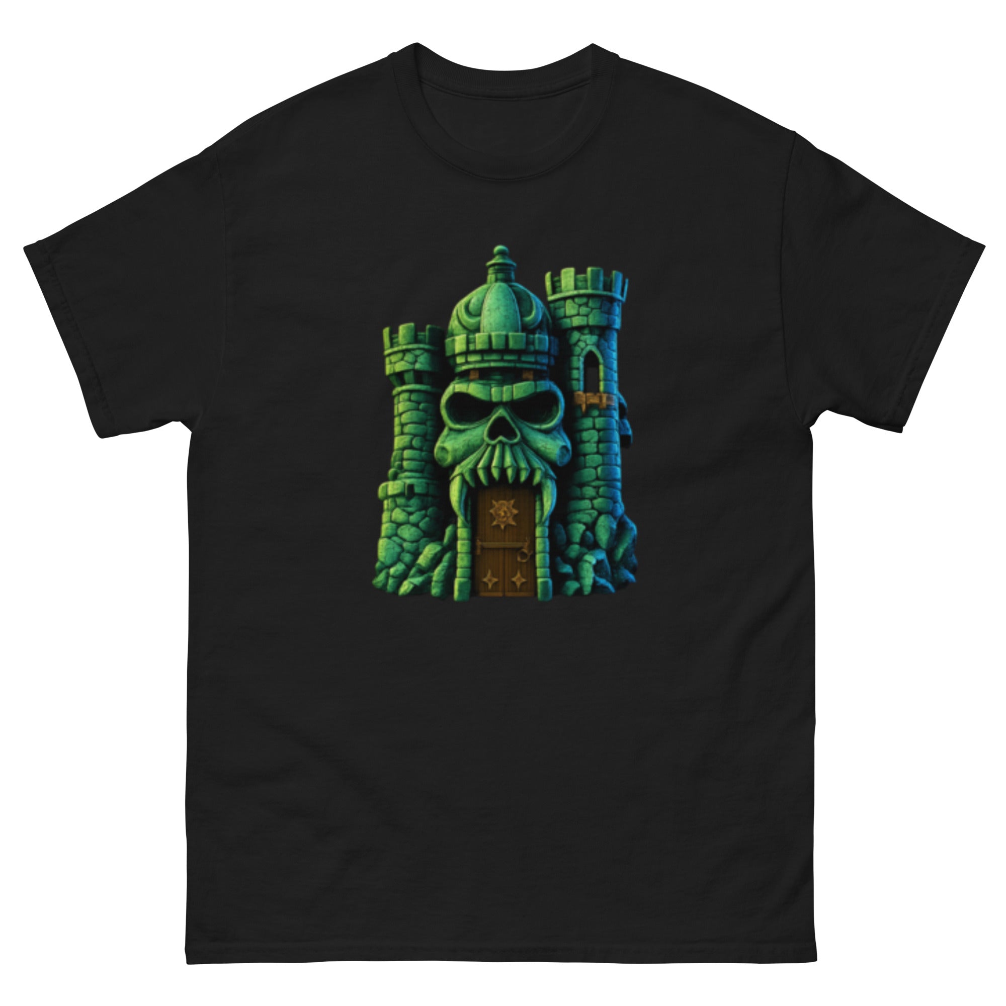 Fantasydesign med grønt skalleformet slott inspirert av 80-talls fantasy og Castle Grayskull-estetikk.