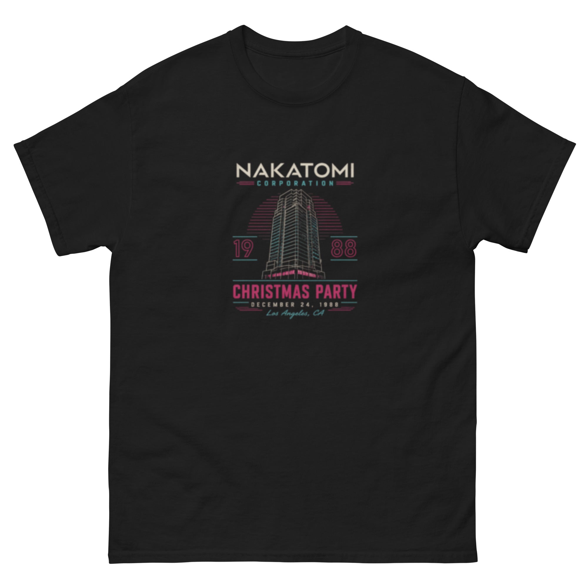 T-skjorte med retro neon-design av Nakatomi Plaza og teksten Christmas Party 1988.