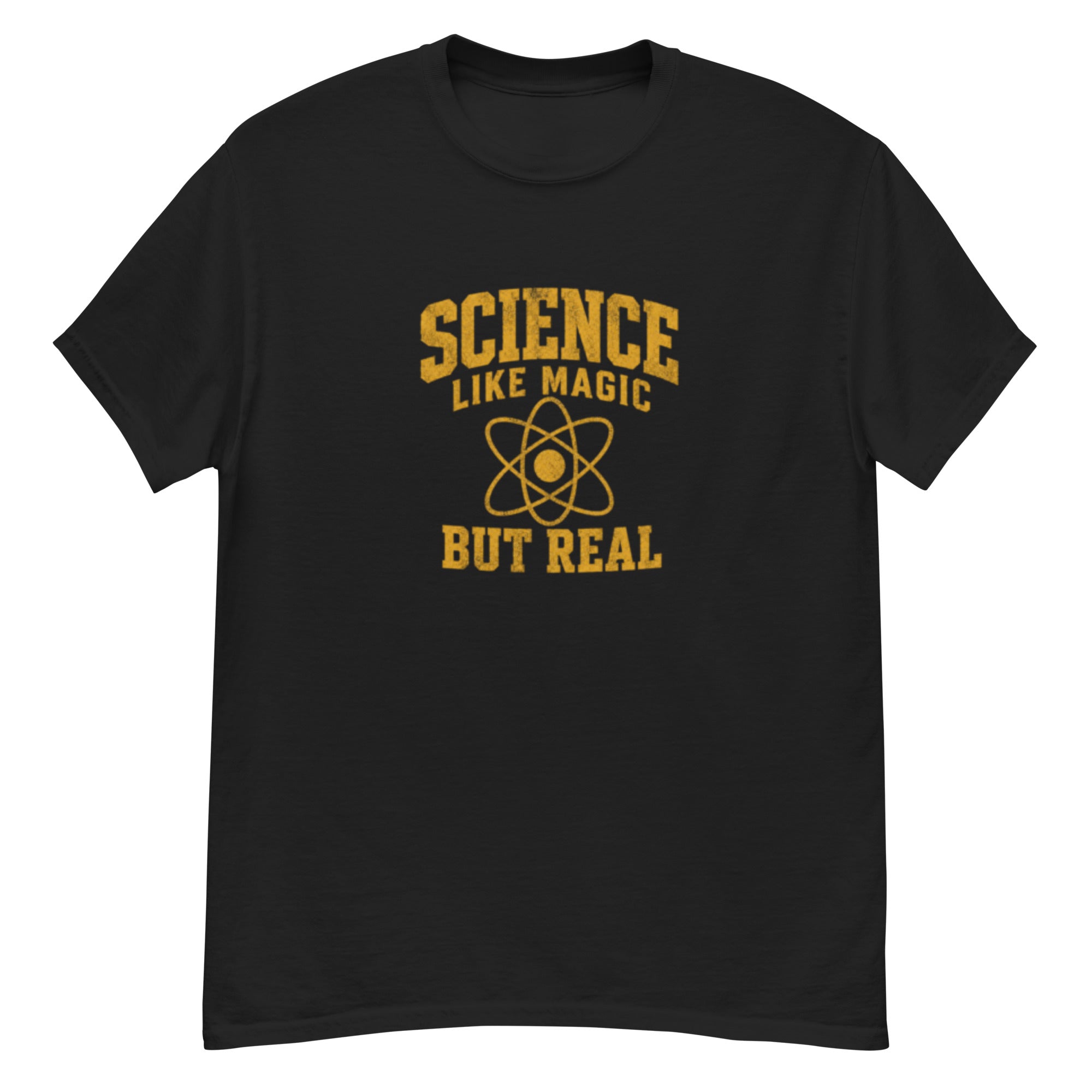 T-skjorte med gul vintage typografi, atomillustrasjon og teksten Science Like Magic But Real på mørk bakgrunn.