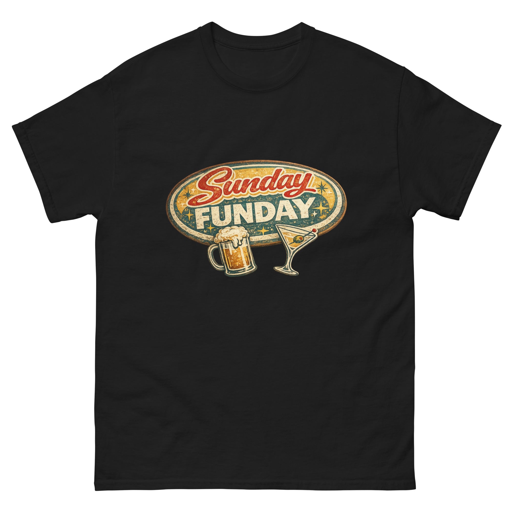 Vintage Sunday Funday-illustrasjon med retro skilt, ølkrus og cocktailglass, inspirert av pubkultur, helgekos, festival og sommerstemning.
