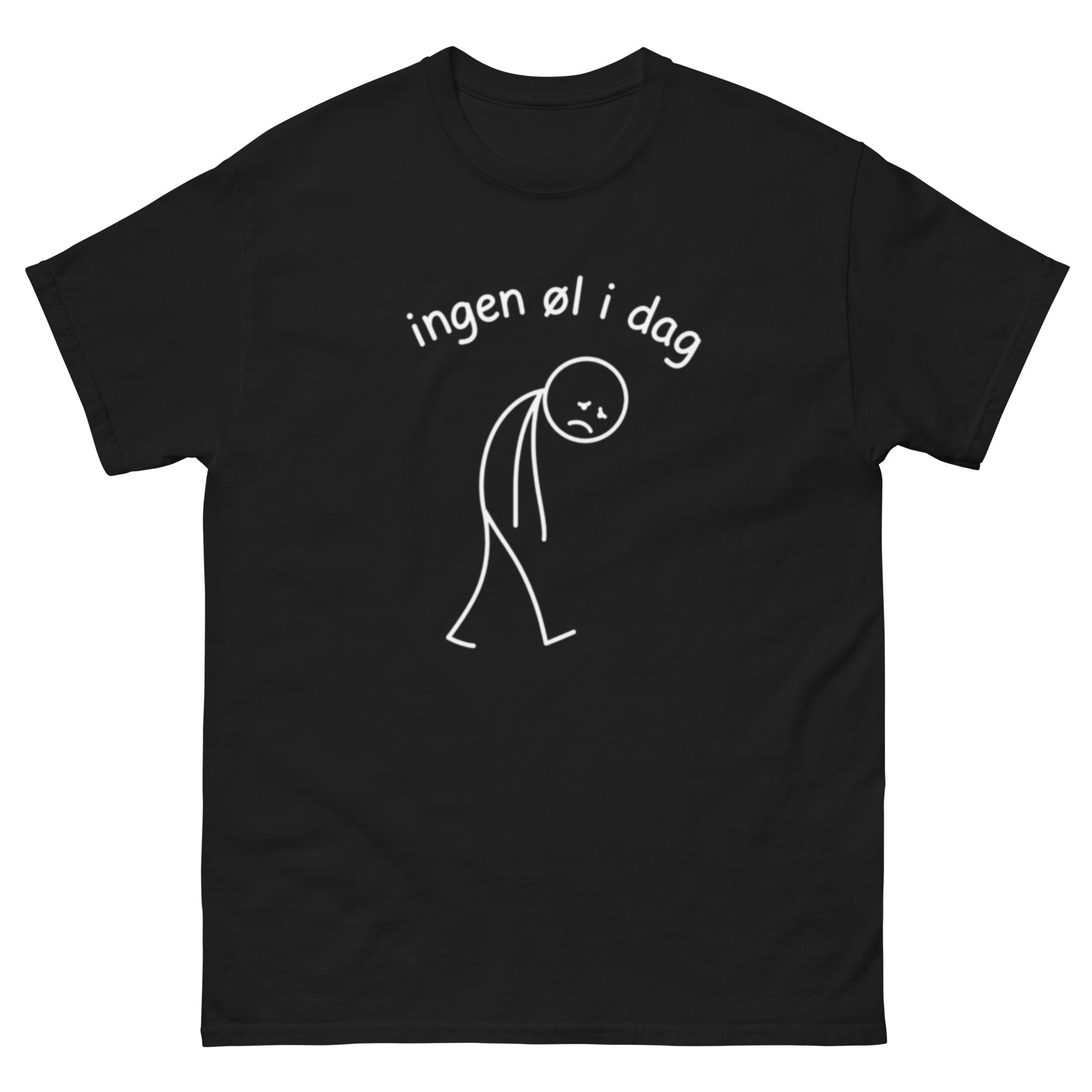 Illustrasjon av en trist strekfigur med bøyd hode og teksten «Ingen øl i dag». Humoristisk motiv inspirert av ølkultur, dagen derpå og norsk humor.
