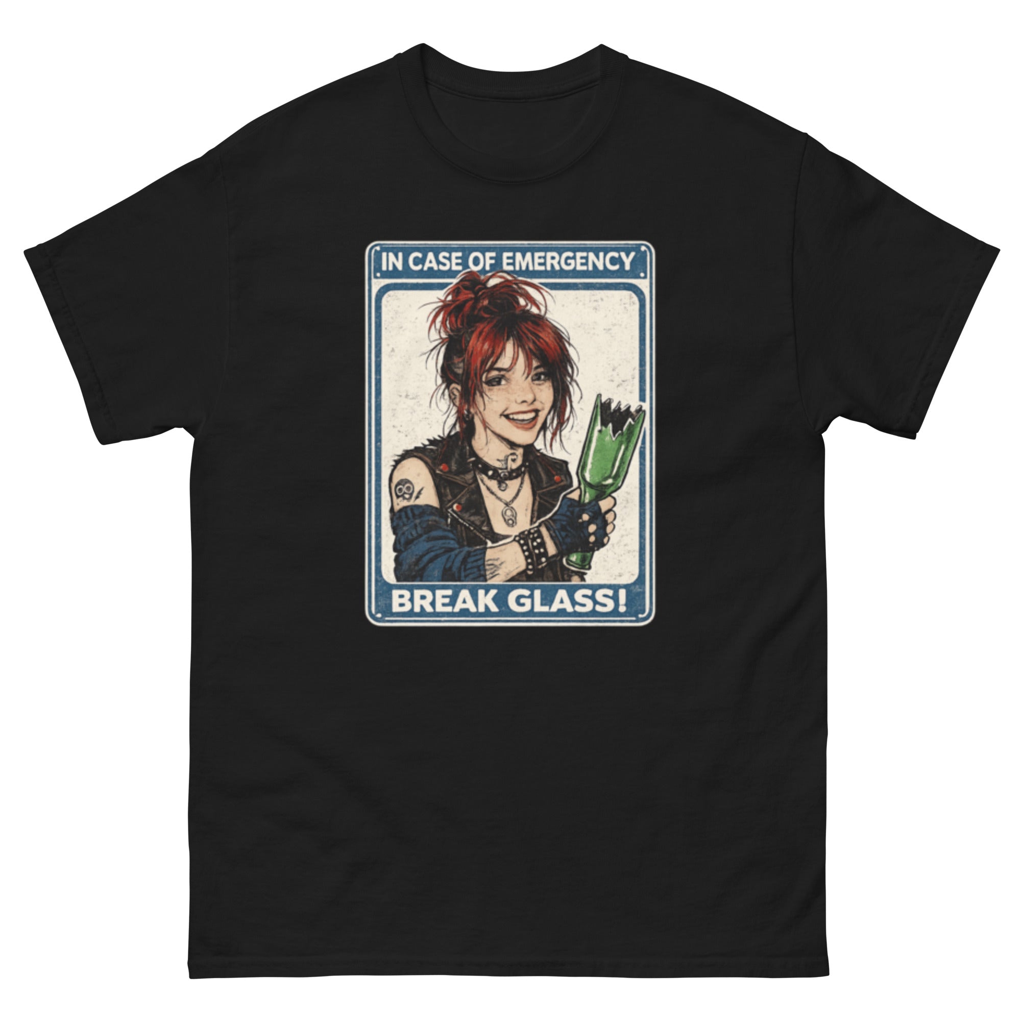 Illustrasjon av en smilende punkjente med rødt hår som holder en knust grønn flaske, omgitt av et retro nødskilt med teksten «In Case of Emergency – Break Glass». Humoristisk punk- og rockedesign til t-skjorte.