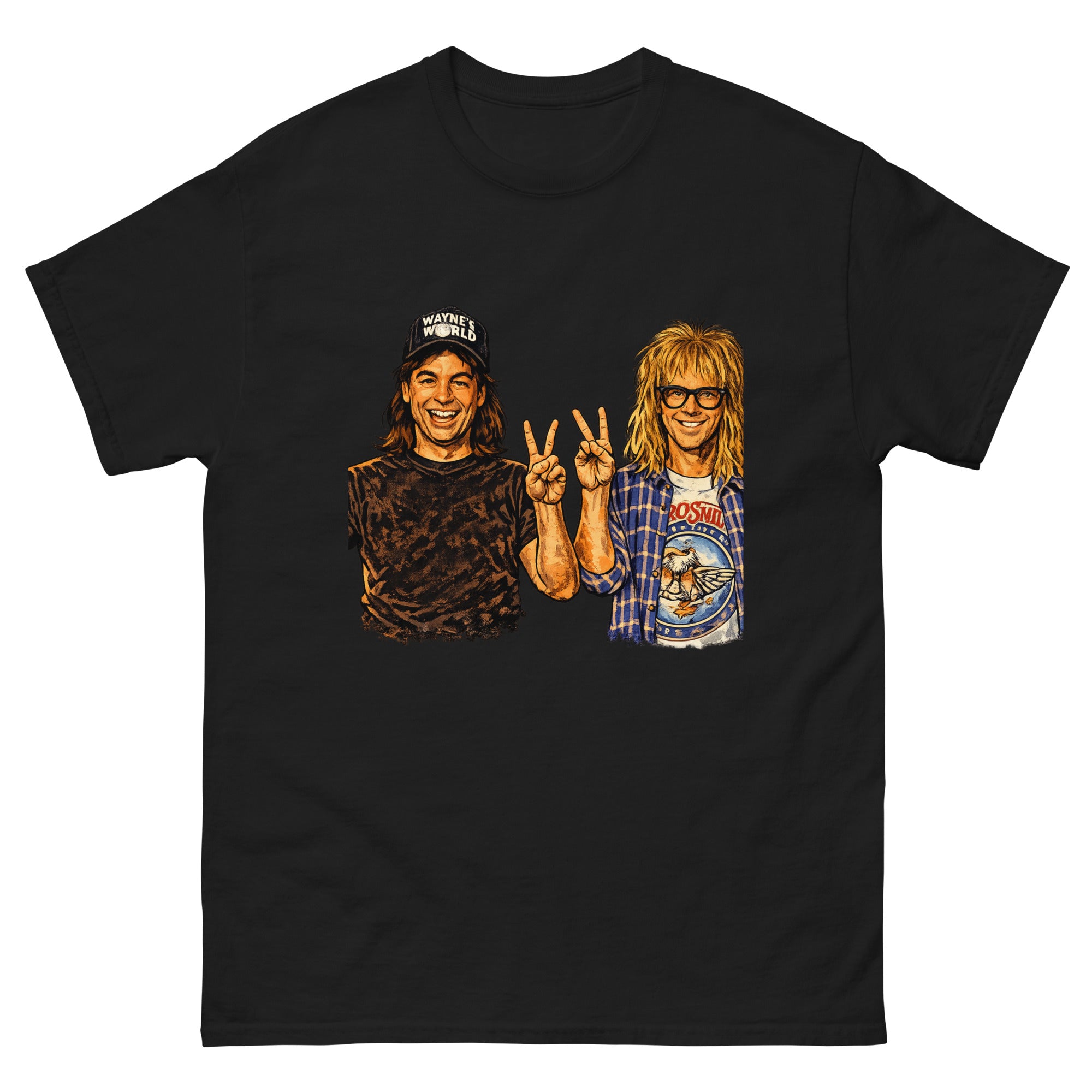 Illustrasjon inspirert av Wayne's World som viser to smilende rockevenner med fredstegn, langt hår og klassisk 90-tallsstil. Humoristisk design for fans av kultfilmer, rock og nostalgisk popkultur.