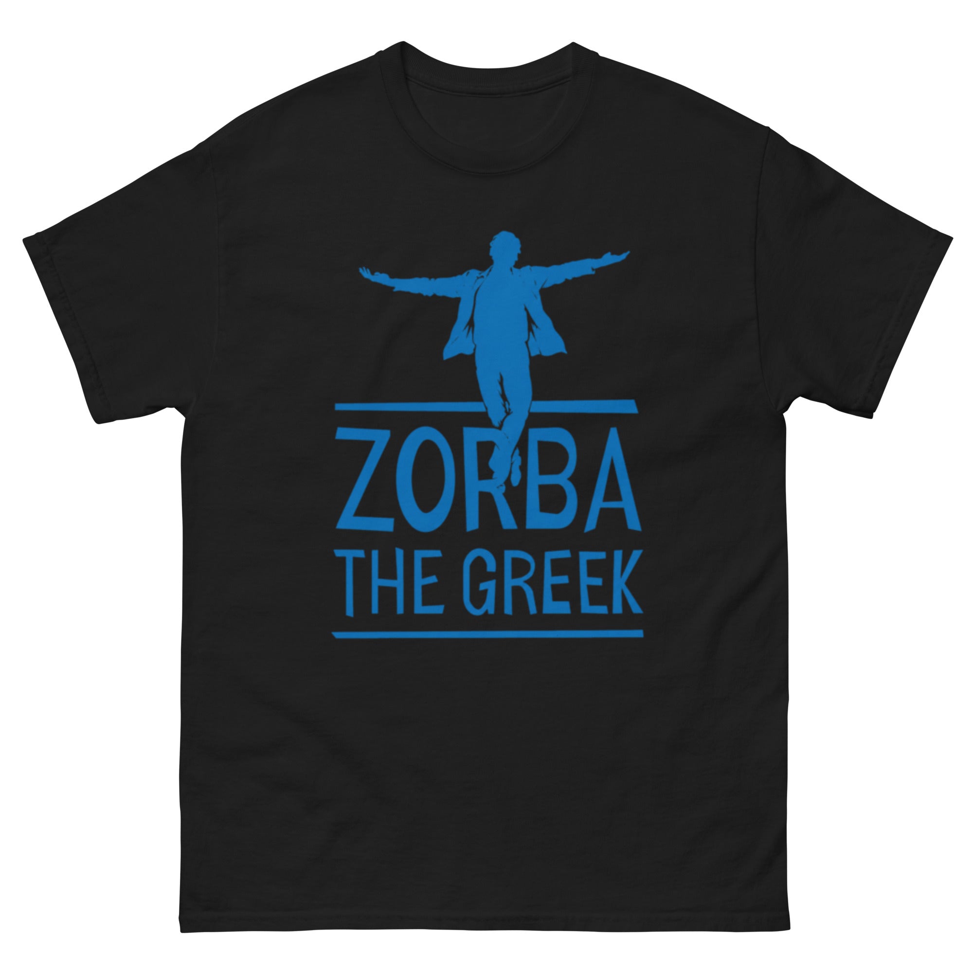 Minimalistisk silhuett av en mann med utstrakte armer over teksten «Zorba the Greek». Design inspirert av den klassiske filmen og den ikoniske greske dansescenen, perfekt for fans av Hellas og filmnostalgi.