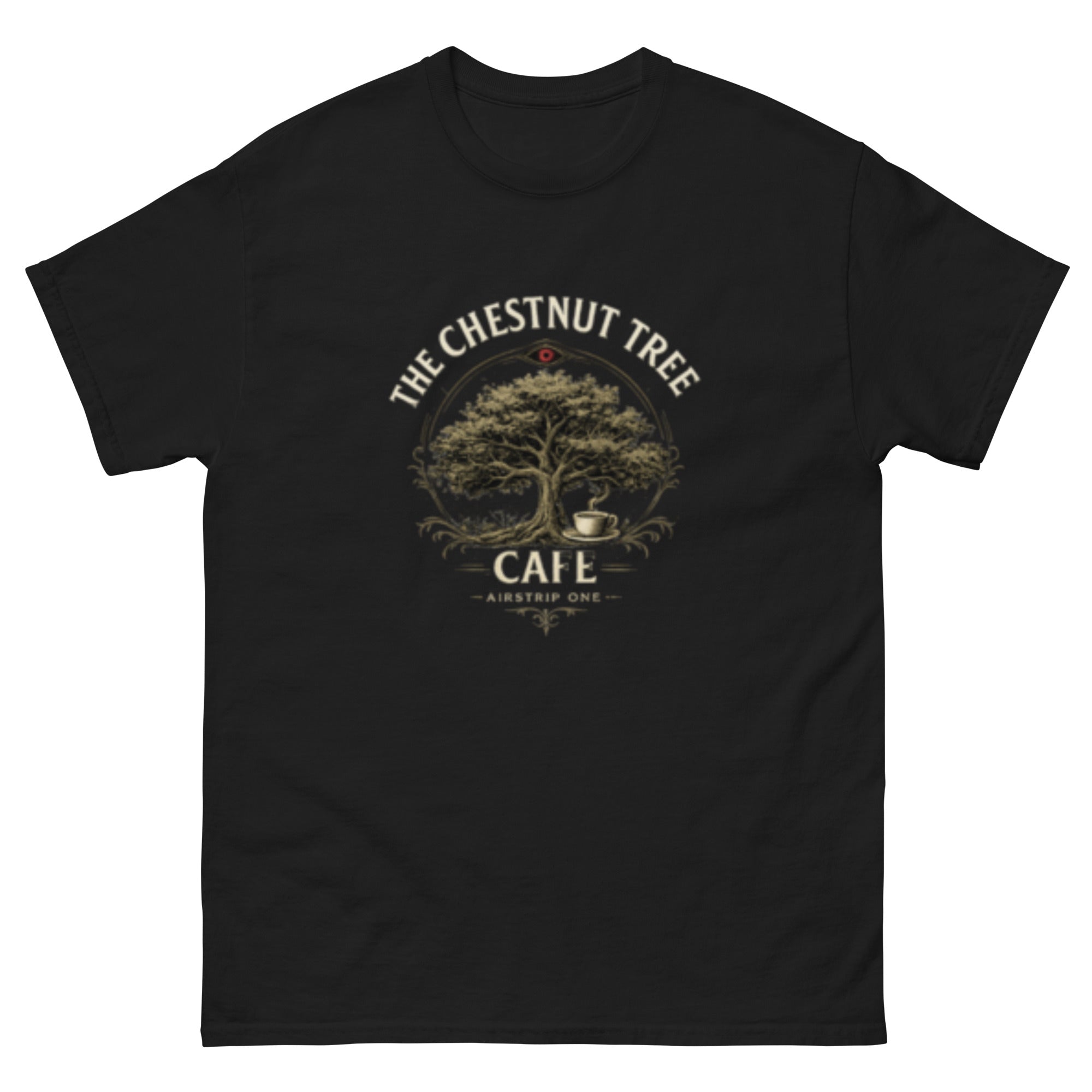 T-skjorte med teksten «The Chestnut Tree Cafe», et stort kastanjetre, en kaffekopp og en liten rød overvåkningsdetalj i vintage stil.