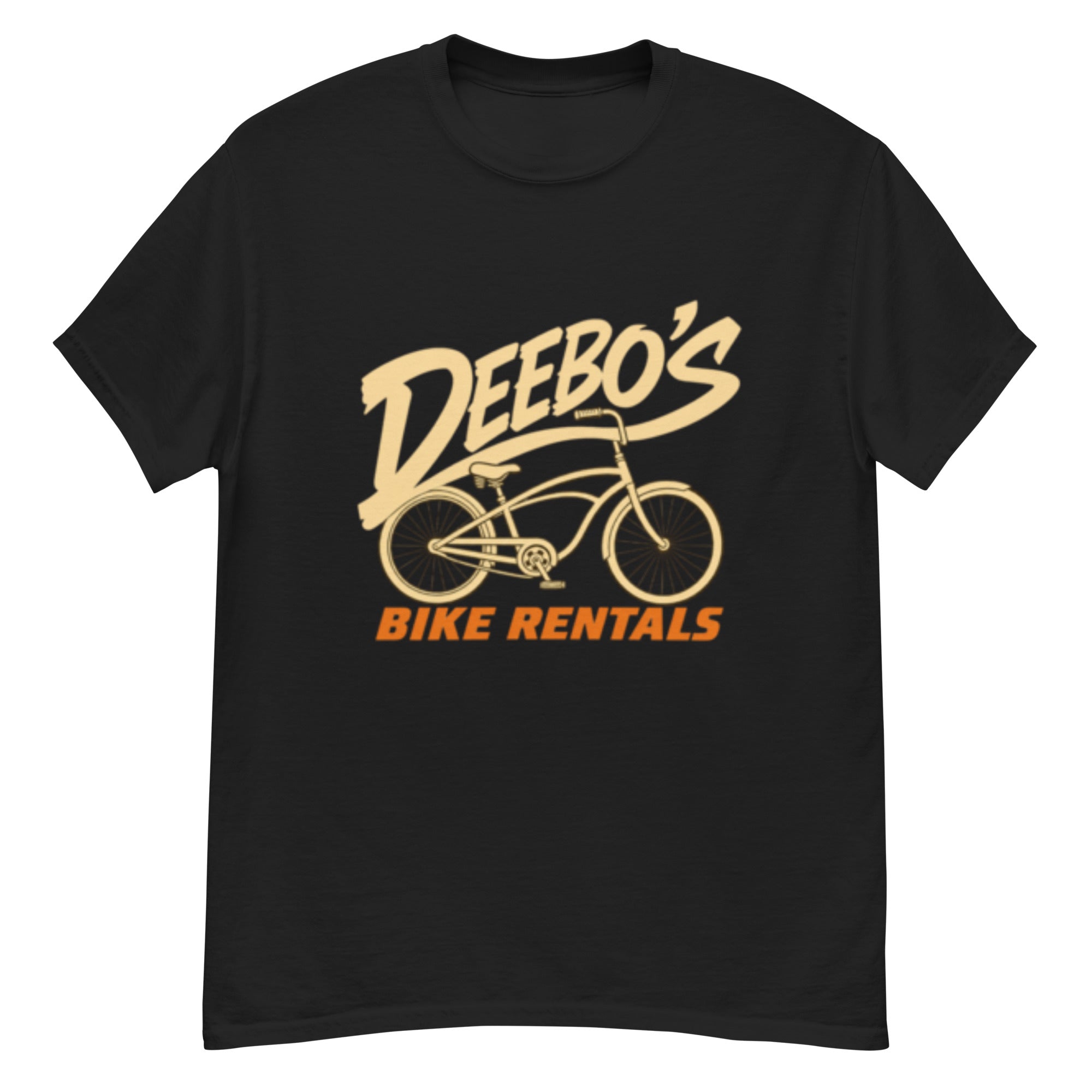 T-skjorte-motiv med teksten Deebo’s Bike Rentals og en klassisk beach cruiser integrert i typografien.