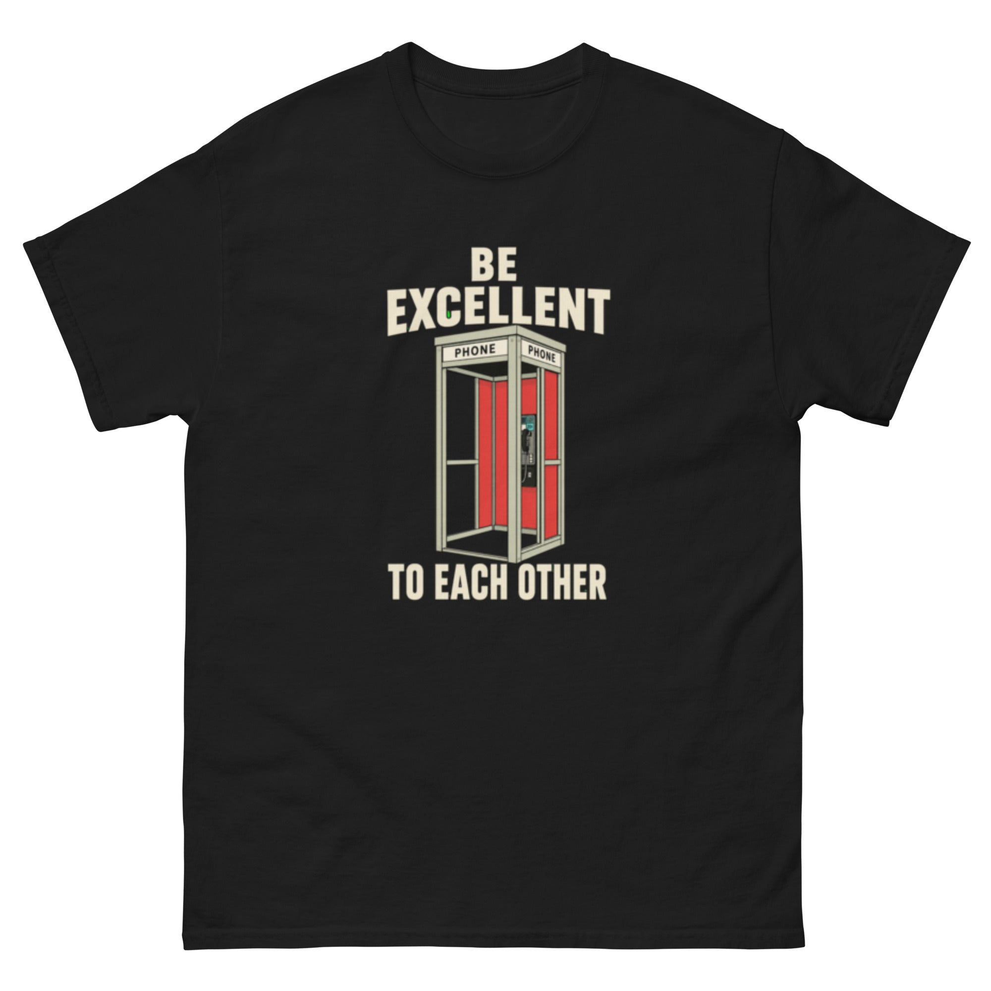 T-skjorte-motiv med telefonkiosken fra Bill & Ted og teksten Be Excellent to Each Other.
