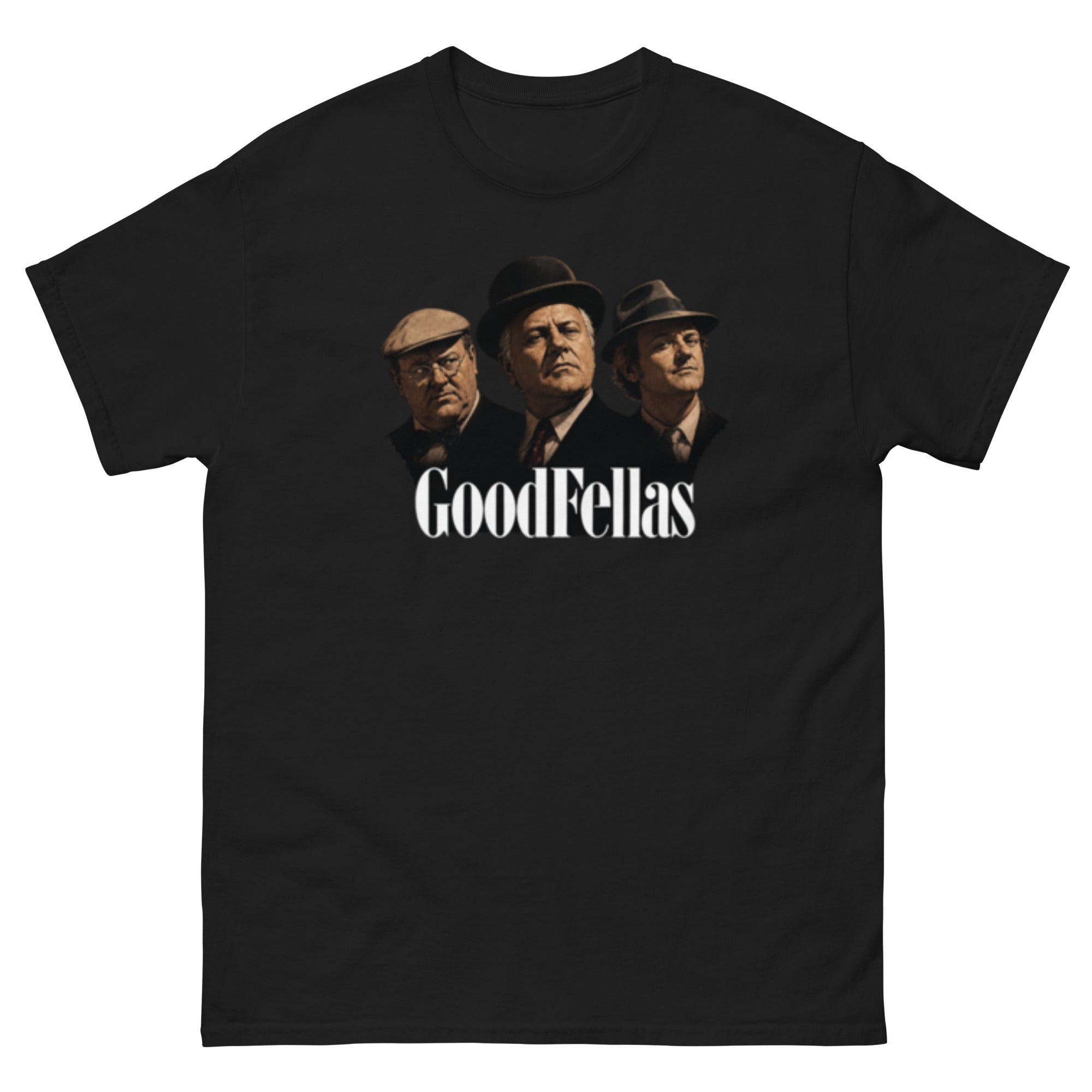 T-skjorte med Egon, Benny og Kjell fra Olsenbanden fremstilt som en alvorlig gangstertrio over teksten GoodFellas.