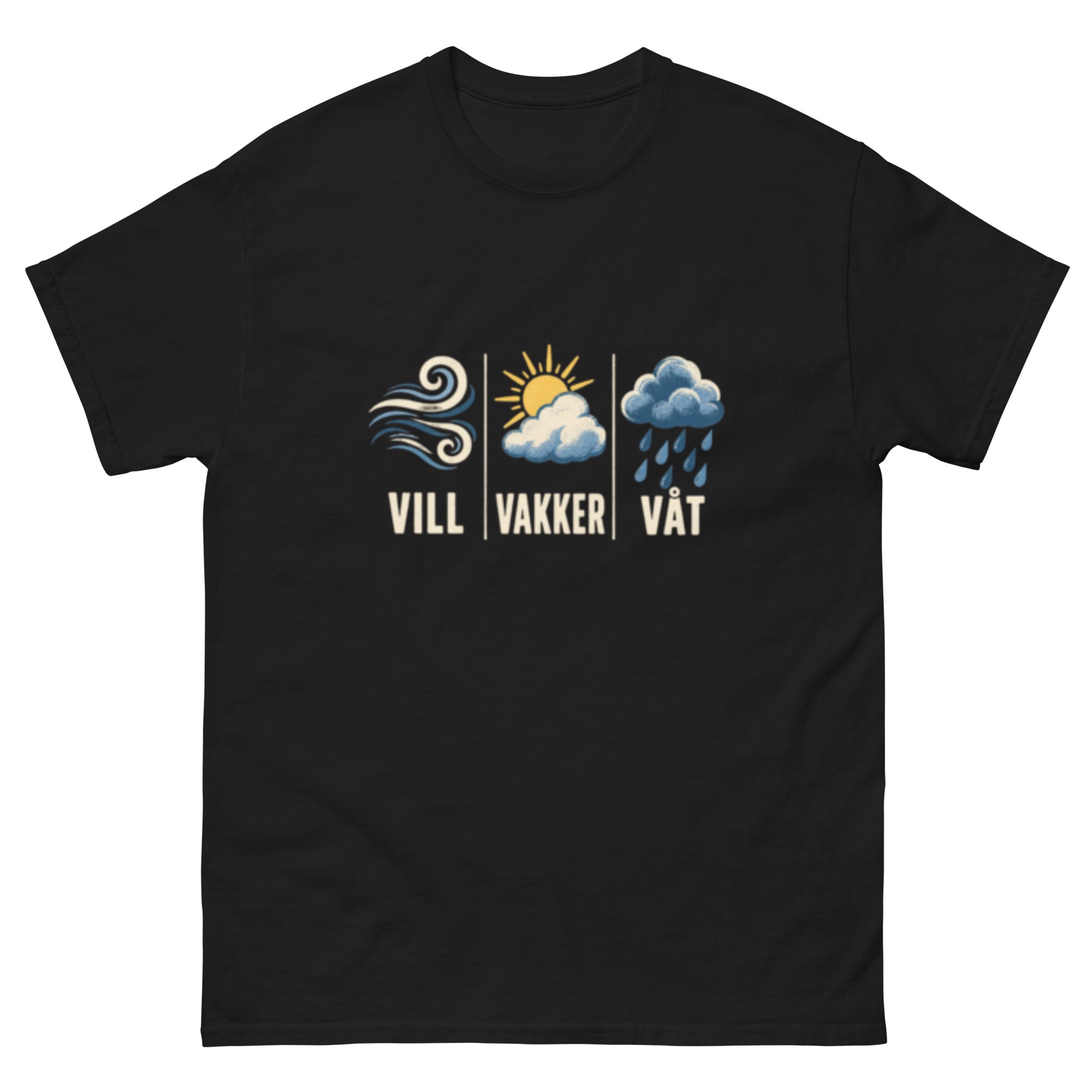 T-skjorte med tre værikoner og ordene Vill, Vakker og Våt satt opp som et stramt meteorologisk motiv.