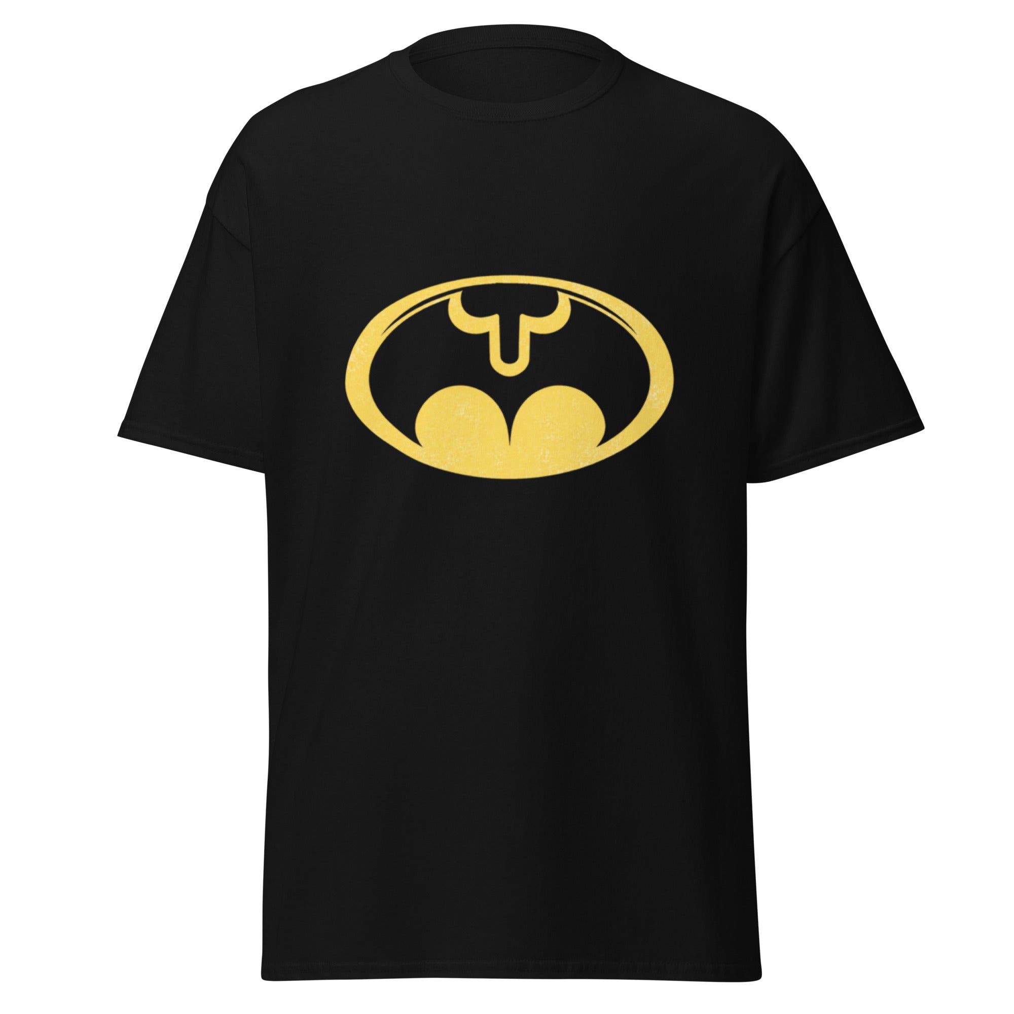 Gul Assman-logo formet som en humoristisk rumpe i et ovalt, Batman-inspirert superheltemblem med slitt retrostil.