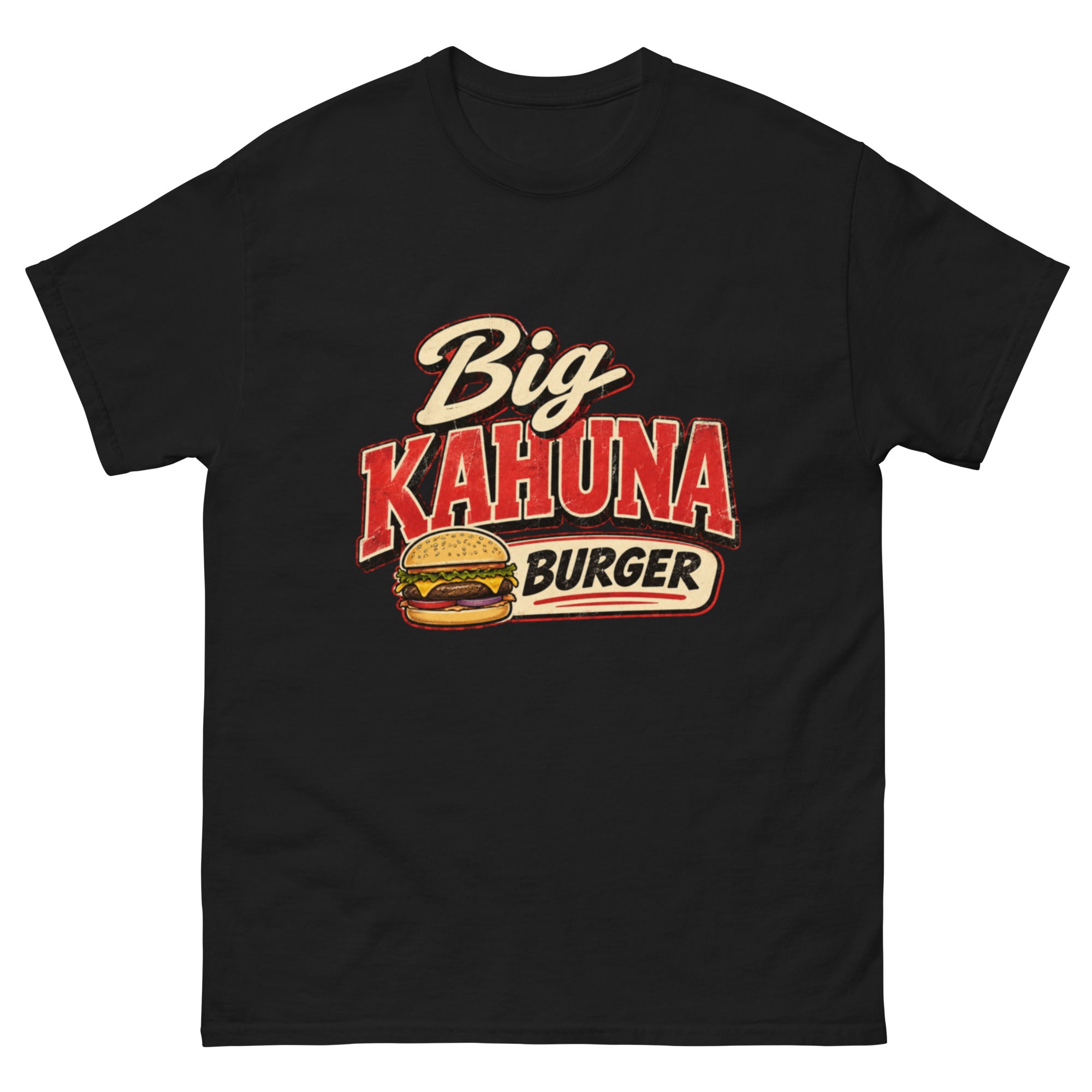 Retro Big Kahuna Burger-motiv med stor rød tekst og cheeseburger, inspirert av den fiktive burgerkjeden fra Pulp Fiction.