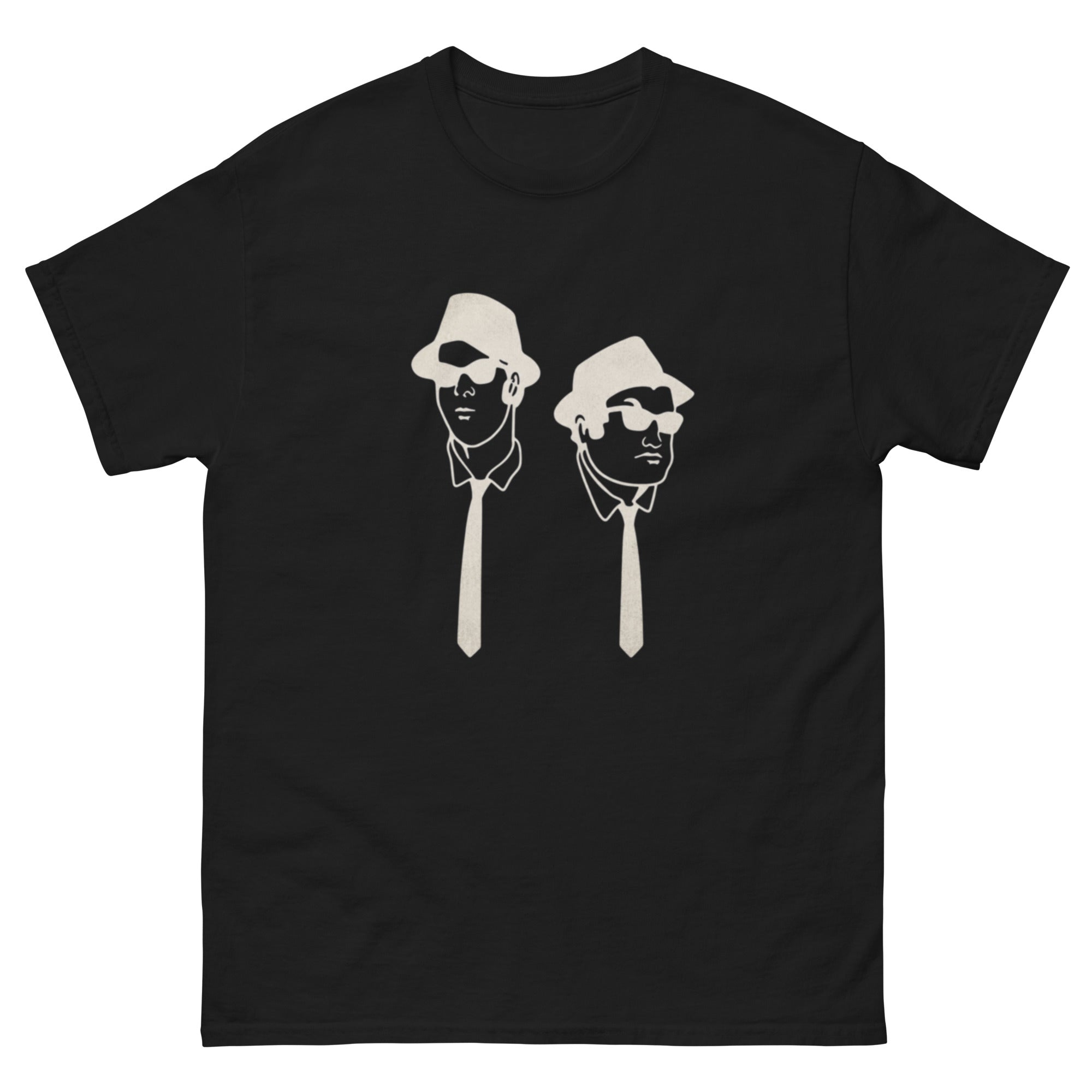 Minimalistisk retroillustrasjon av Jake og Elwood fra The Blues Brothers med fedora-hatter, solbriller og slips i svart og offwhite.