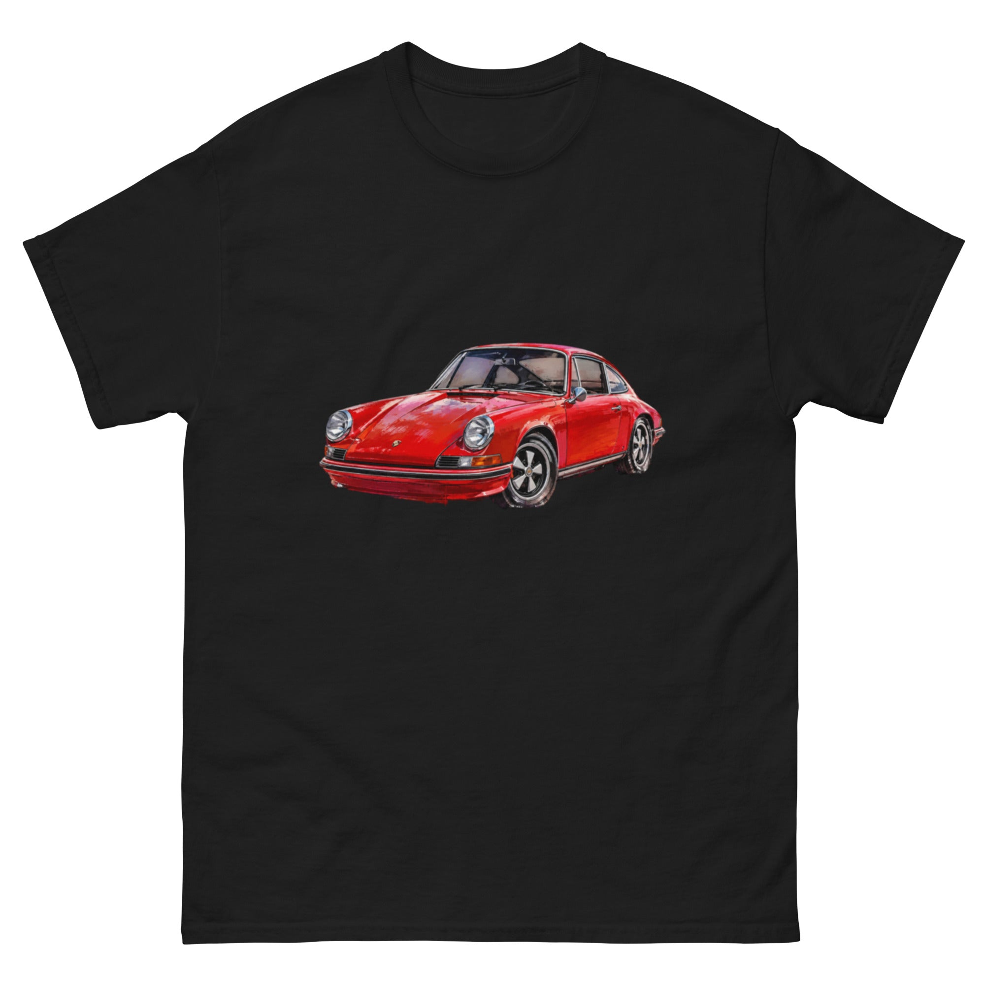 Porsche 911 T-skjorte med klassisk rød sportsbil i retro illustrasjonsstil
