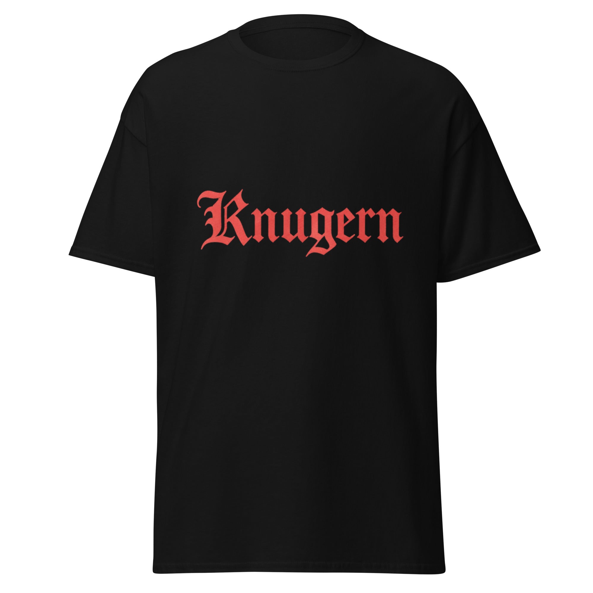 Knugern T-skjorte med Knugern i store røde gotiske bokstaver, inspirert av Jokke & Valentinerne og Kleggen & Knugern.