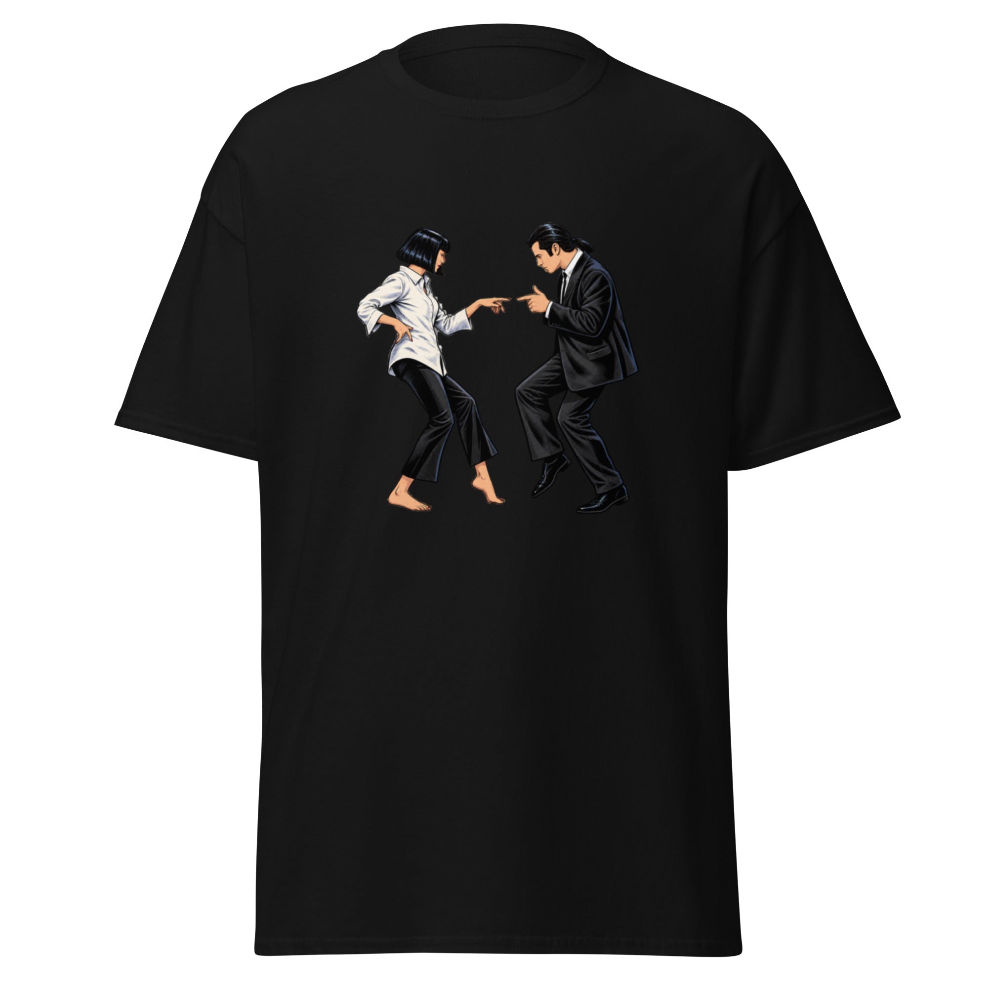 Pulp Fiction-inspirert T-skjortemotiv med dansende par i sort og hvitt, inspirert av Vincent Vega og Mia Wallace og den ikoniske twist-scenen.
