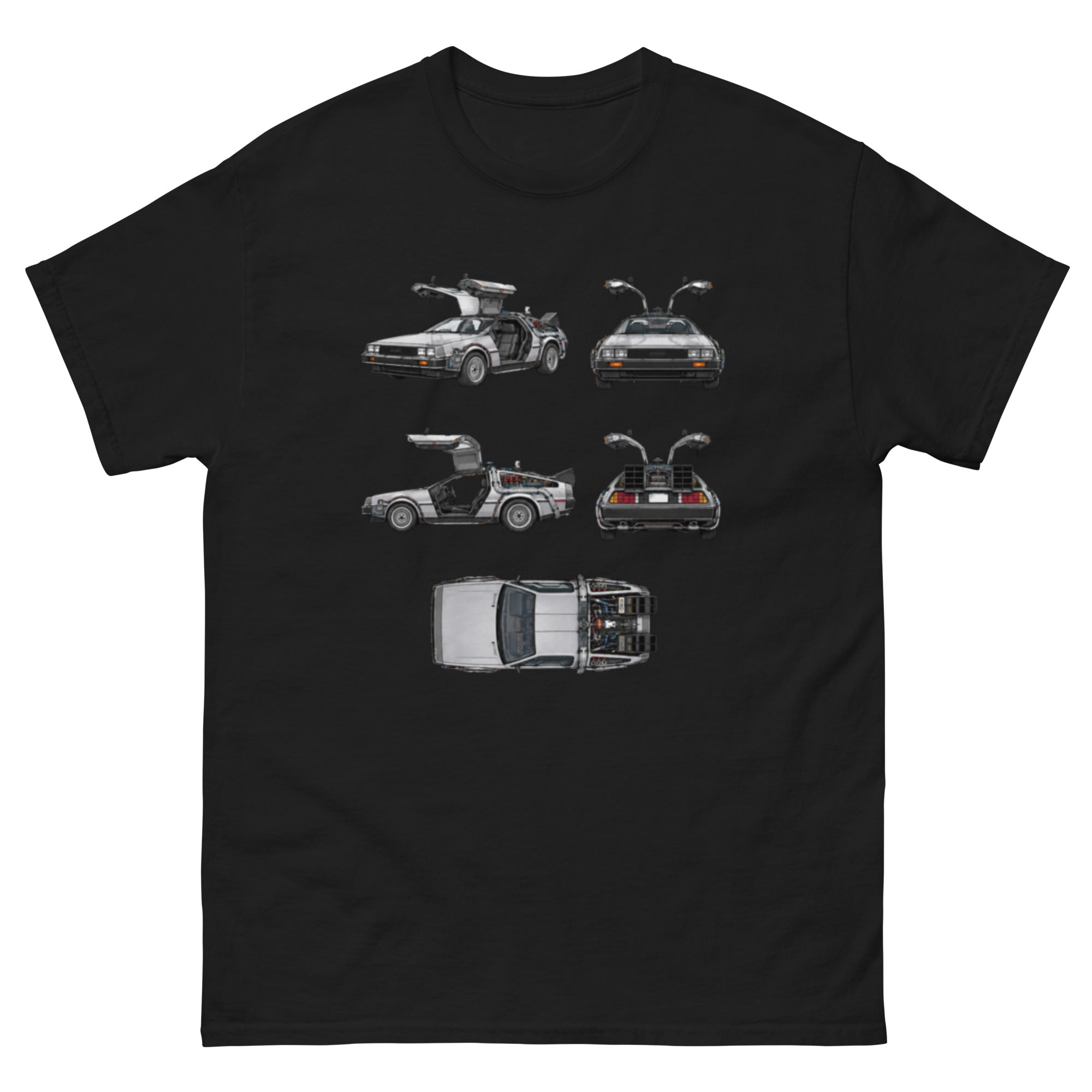 Tilbake til fremtiden-inspirert T-skjortemotiv med DeLorean DMC-12 tidsmaskin vist fra flere vinkler med åpne måkevingedører.