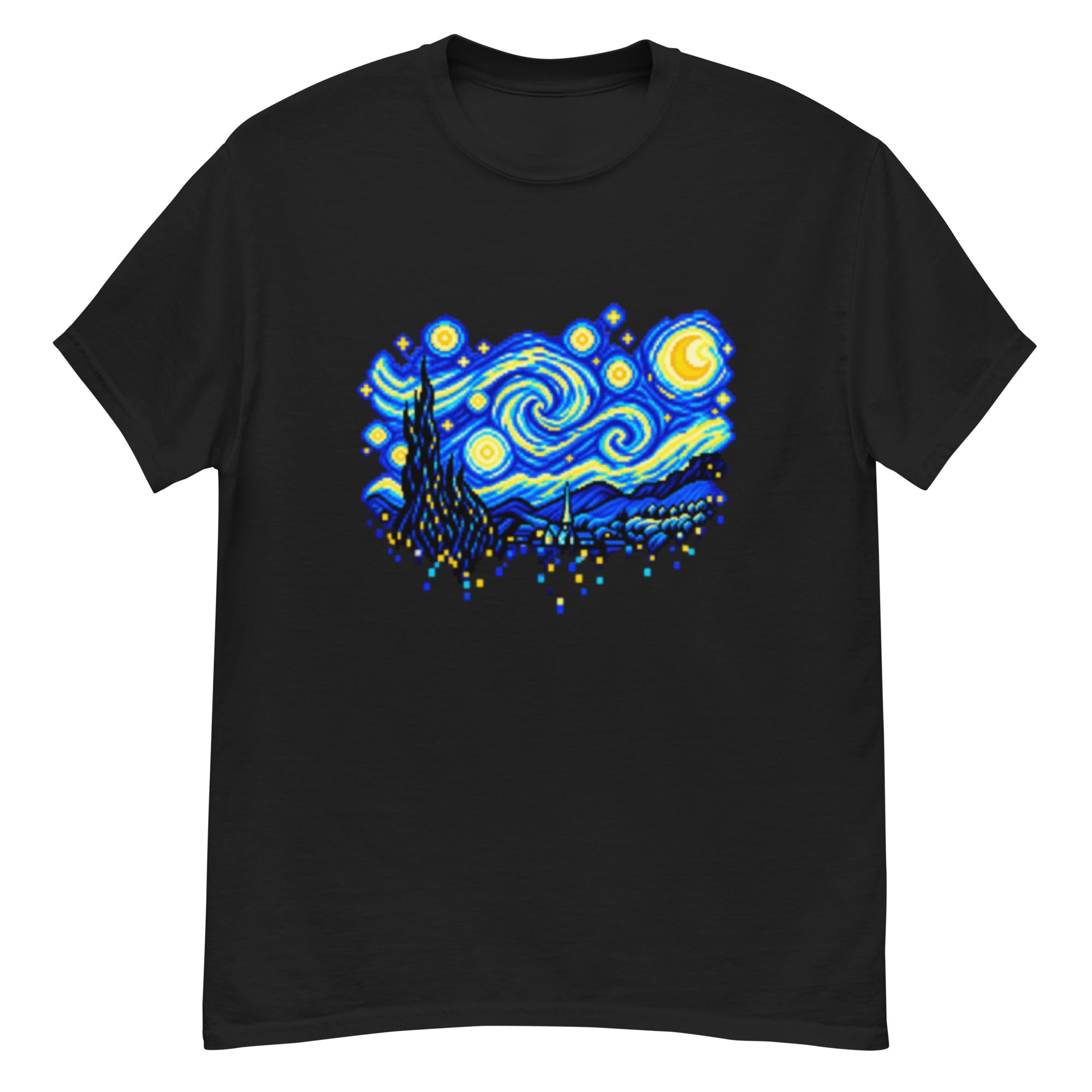 T-skjorte med Van Goghs Stjernenatt gjenskapt som 8-bit pikselkunst, med sypress, landsby, virvlende stjernehimmel og piksler som faller ned som digitalt regn.
